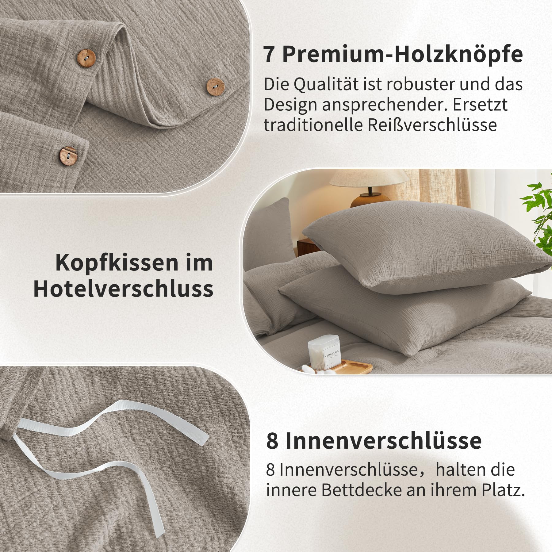 Bailix Premium mousseline beddengoedset, 200 x 220 cm, 3-delig, 100% katoen, ademend en strijkvrij, dekbedovertrek 200 x 220 cm 2 kussenslopen 80 x