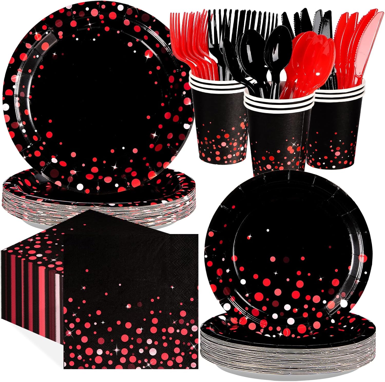 Grencian 168Pcs Black and Red Party Decorations Red Dot on Black Plates Napkins Cups Forks Knives Spoons Disposable Graduation Tableware Set for Congrats Grad Birthday Wedding Party Supplies Serves 24