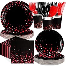 Grencian 168Pcs Black and Red Party Decorations Red Dot on Black Plates Napkins Cups Forks Knives Spoons Disposable Stranger Tableware Set for Graduation Congrats Grad Birthday Party Supplies Serves24