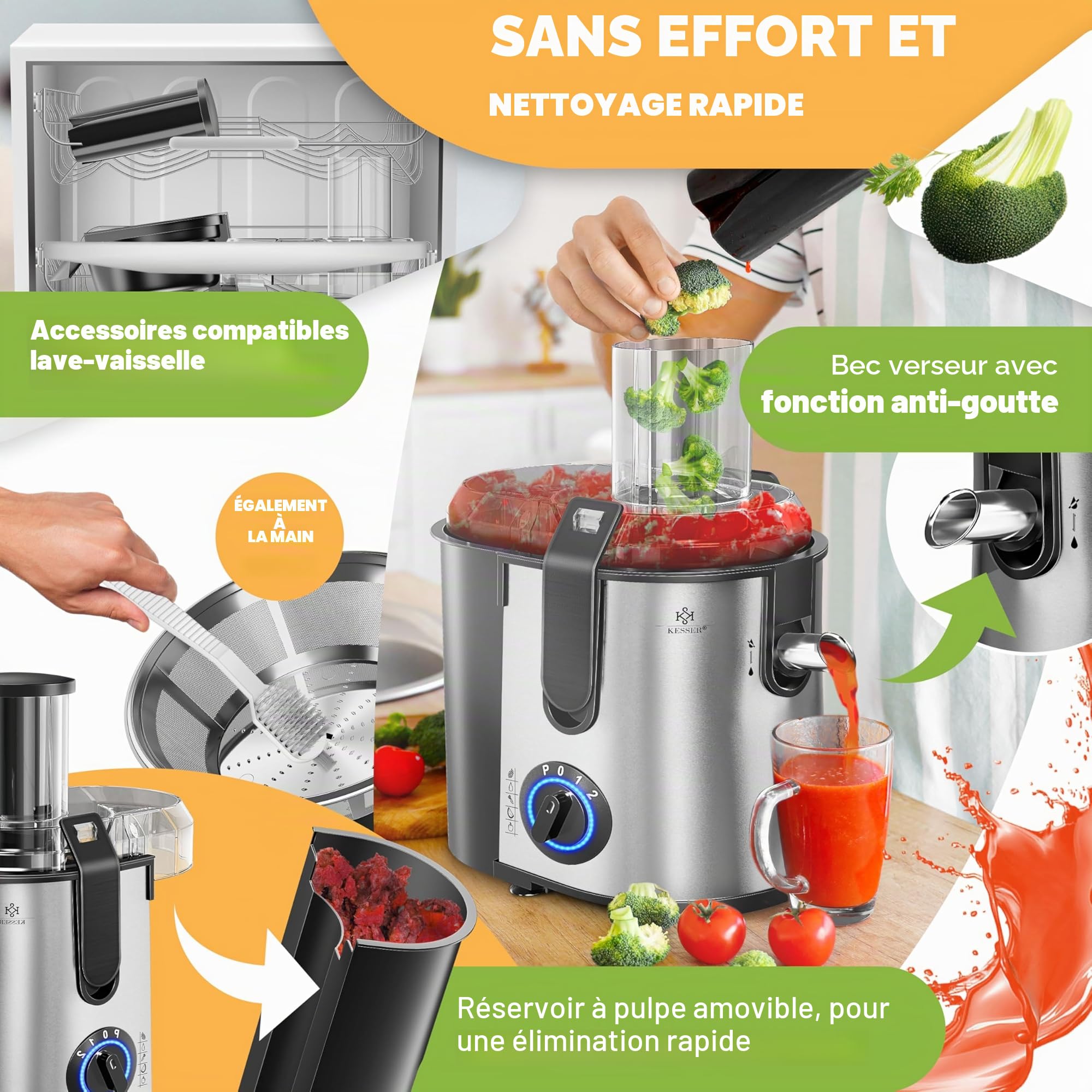 KESSER - Centrifugeuse en Inox Fruits et légumes 1100W, Extracteur de jus, Capacité 1L, Ouverture 85mm