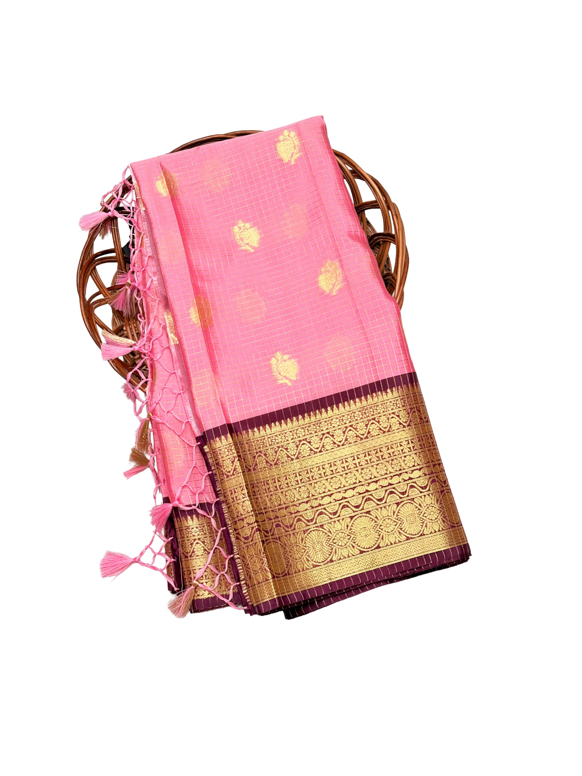 Pink Kanjivaram Silk Saree with Gold Zari Motifs, Dark Brown Border, Tassel Detailing-image-10