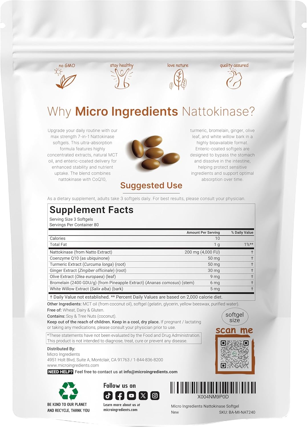 Nattokinase 4,000 FU Equivalent, 240 Enteric Coated Softgels with MCT Oil | 7-in-1 Ultra Absorption Cardiovascular Supplement with CoQ10, Bromelain, Turmeric, Ginger, Olive Leaf, & White Willow Bark - Image 2