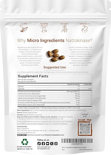 Miniatura 2 de Micro Ingredients Nattoquinasa equivalente a 4,000 FU, 240 cápsulas blandas con recubrimiento entérico con aceite MCT  Suplemento cardiovascular de