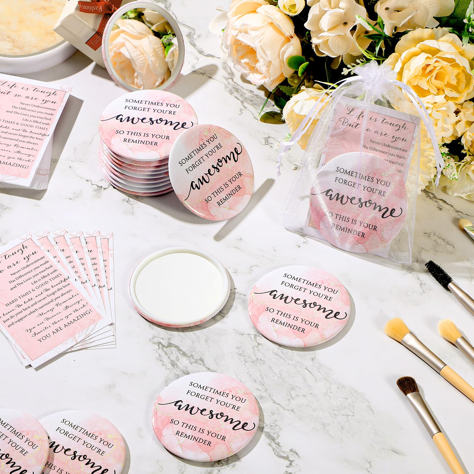 Cinnvoice Juego de 50 espejos compactos inspiradores para mujeres, a granel, con texto en inglés "Sometimes You Forget You're Awesome Makeup", espejo de bolsillo para bolso, tarjetas motivacionales
