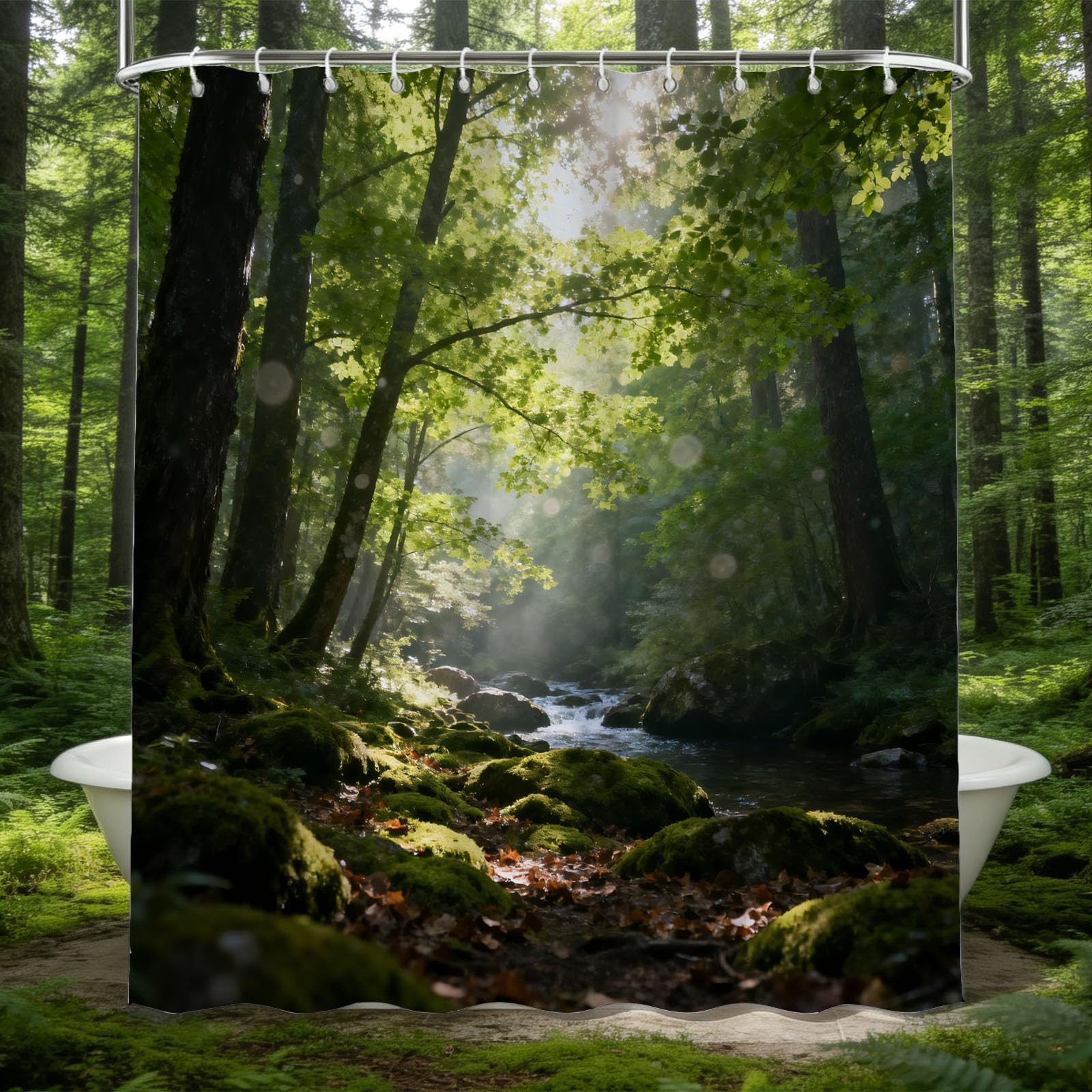 Hongduo 3D Forest Stream Shower Curtain for Stalls Bathtubs Green Plants Bathroom Decor Shower Curtain Set Polyester Fabric Waterproof 200x200cm/79X79 Inch with Hooks