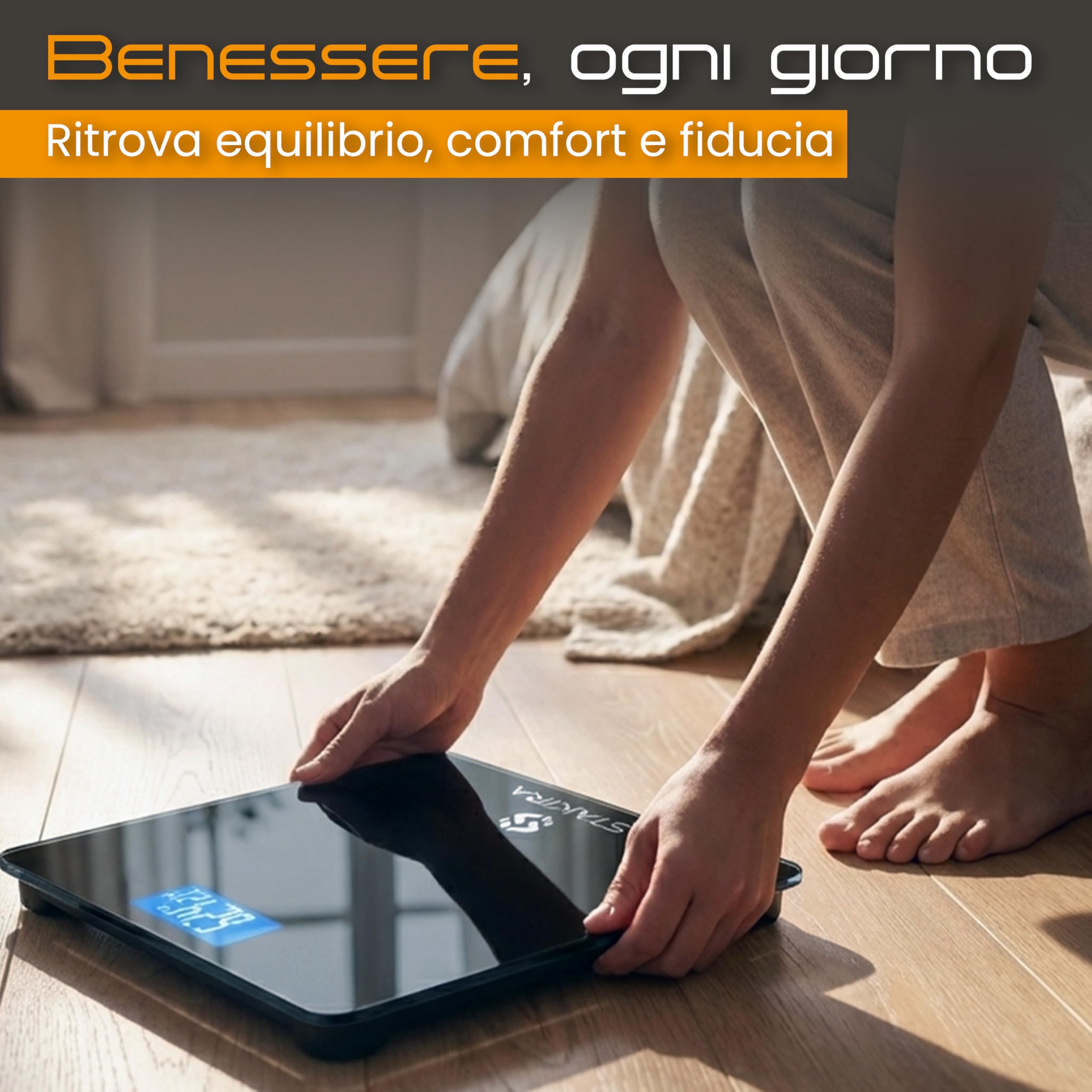 Bilancia Pesapersone Digitale STAKIRA – Fino a 180 kg – Alta Precisione 0.1 kg – USB Ricaricabile – Display LCD – Vetro Temperato Nero – Temperatura Integrata – Design Compatto 26x26 cm