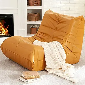 Hobestluk Giant Bean Bag Chair Lazy Floor Sofa, Memory Foam Fireside Sofa for Adults, Big Beanbag Faux Leather Armless Chair for Living Room Bedroom Dorm Office (Yellow, Single)