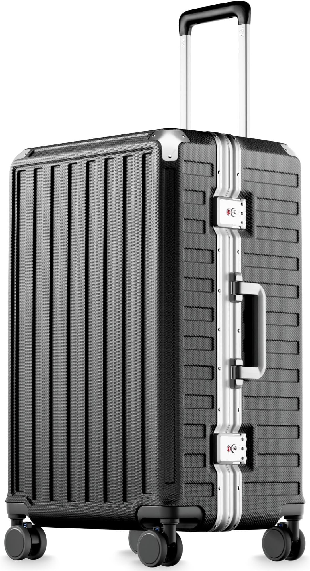 Zipperless Checked Suitcase, Aluminum Frame, Charcoal Metallic, 24"