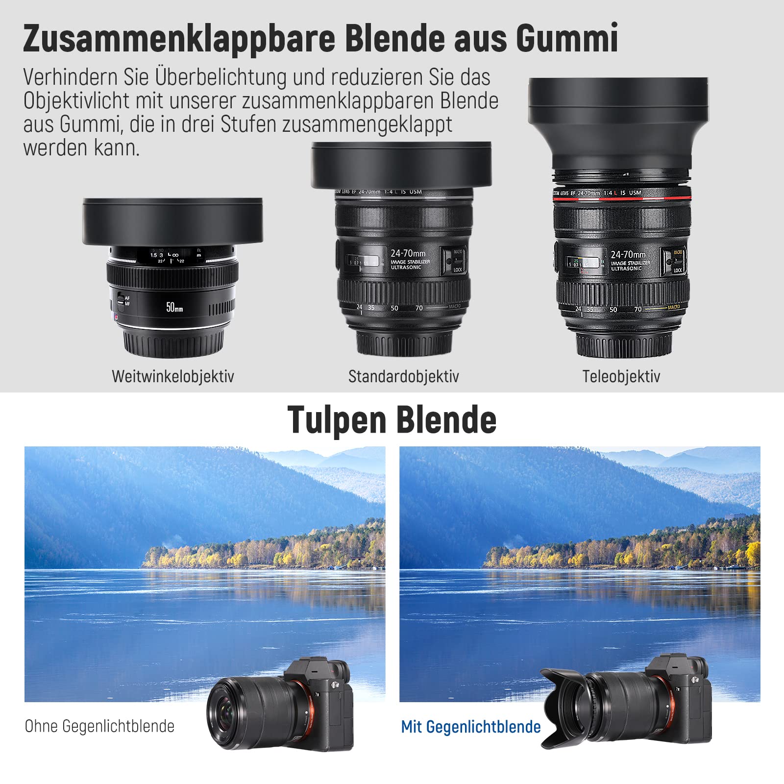 NEEWER 67mm ND Filter Set ND/CPL(Polfilter)/UV/FLD/Nahfilter Objektivzubehör ND2 ND4 ND8 Graufilter Set (+1/+2/+4/+10) Tulpen Blende, zusammenklappbarer Gummi Blende, Objektivdeckel, Filterbeute