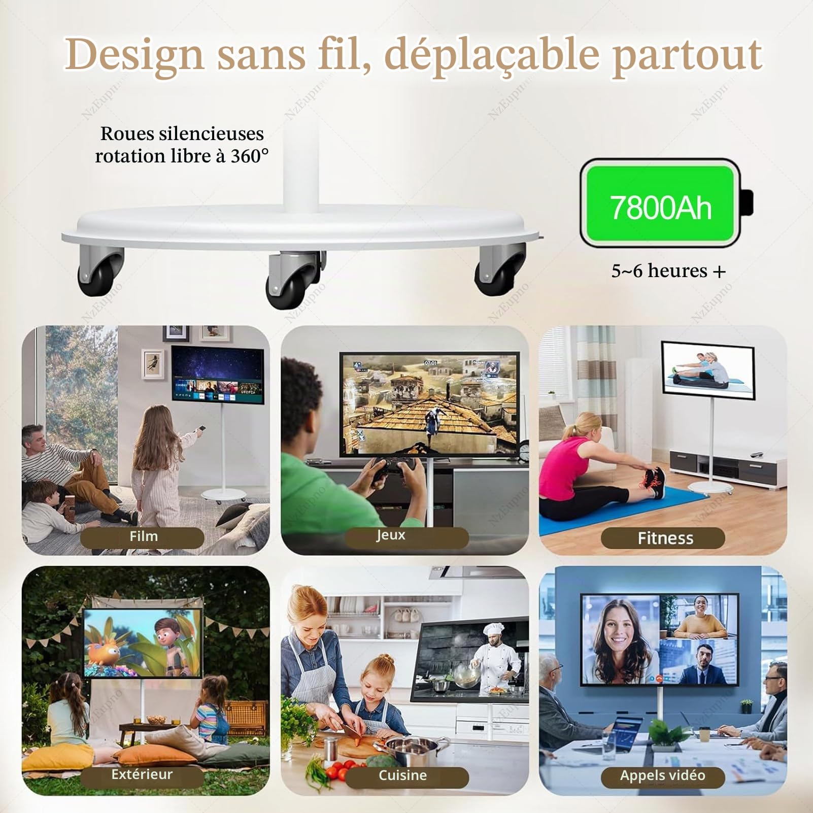 TéLéViseur Portable sur roulettes avec TéLéCommande, éCran Tactile Orientable, TéLéViseur Mobile sur Pied | CaméRa 800W | Batterie IntéGréE, Rotation ComplèTe White-4+64G