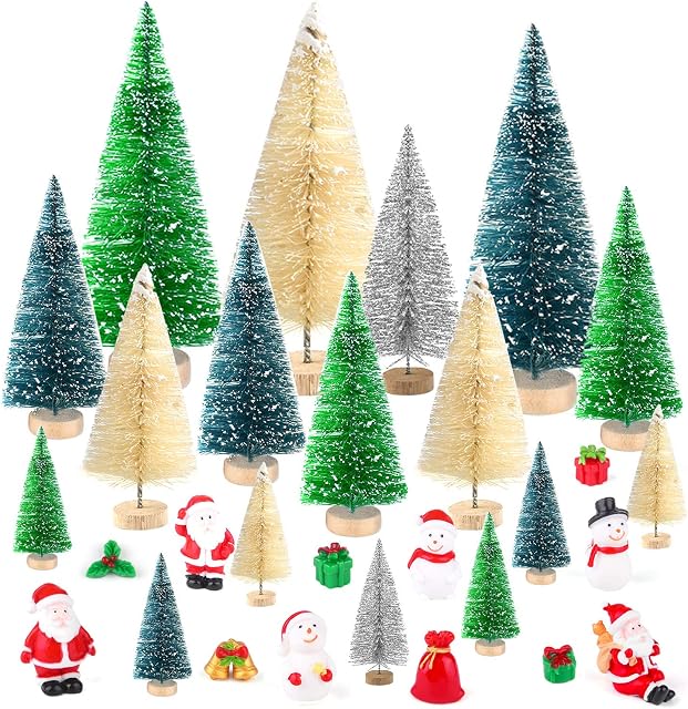 KUUQA 29 Pcs Mini Sisal Snow Frost Trees Bottle Brush Trees Mini Christmas Trees with Figures Santa Claus, Snowman, Gift Boxes Miniature Ornaments for Christmas Village Decoration SMALL SIZE TREES