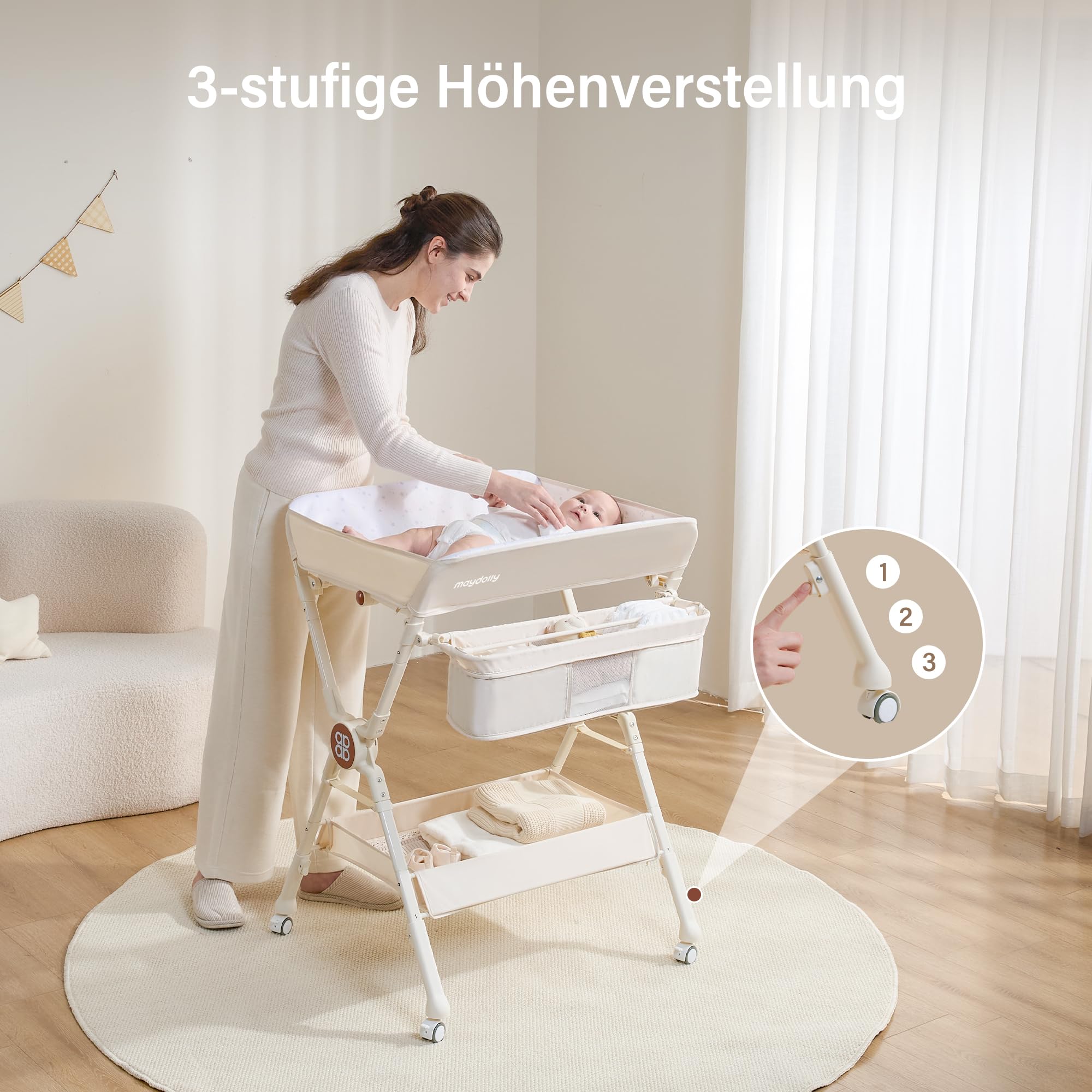 Maydolly cambiador plegable y ajustable en altura para bebé, mesa portátil con ruedas, colchón impermeable y fácil de limpiar, mueble infantil compacto con estantes – beige