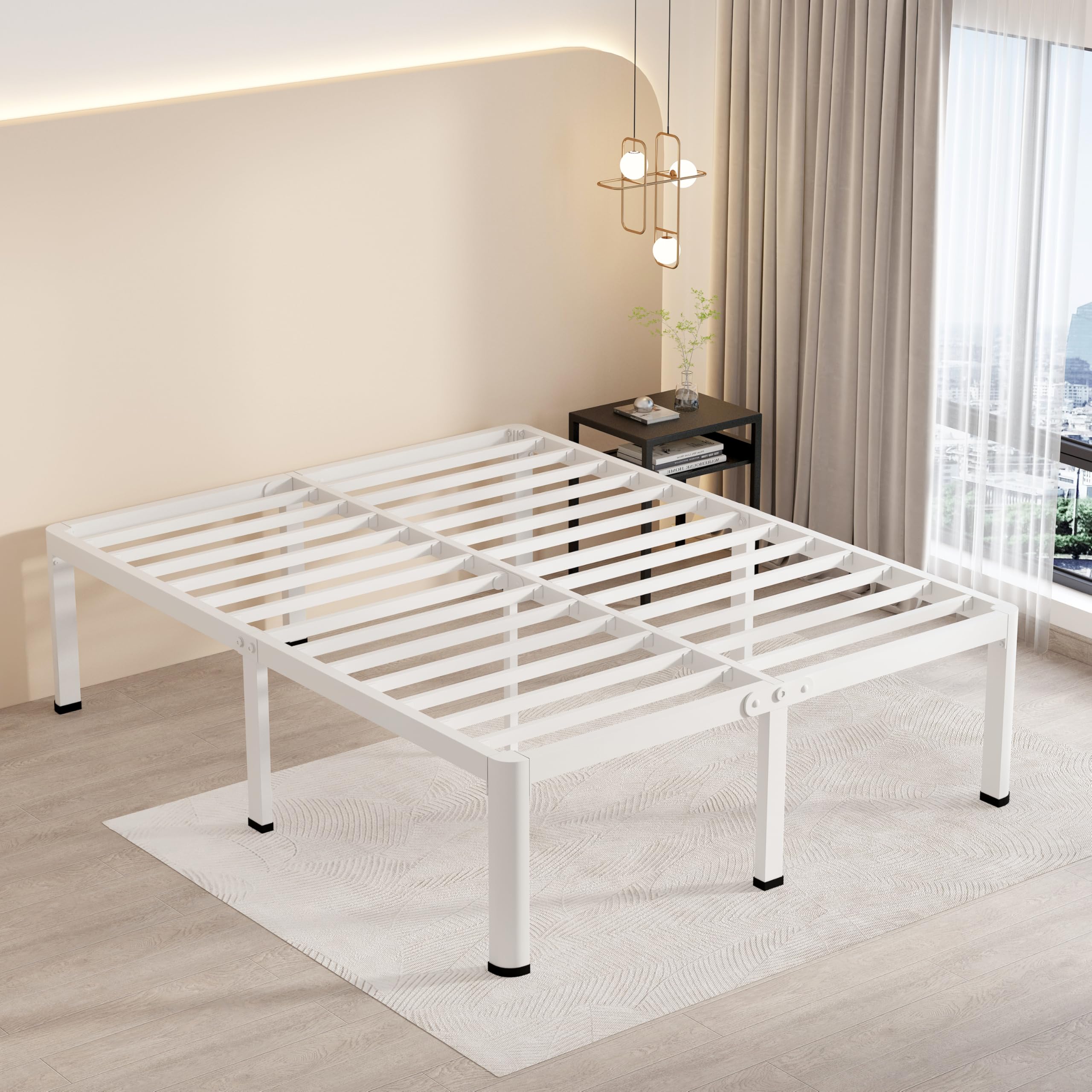 MAF 18 Inch King Size Bed Frame White with Round Corner Legs Mattress Slide Stopper No Box Spring Needed Heavy Duty Metal Platform Bed Frames