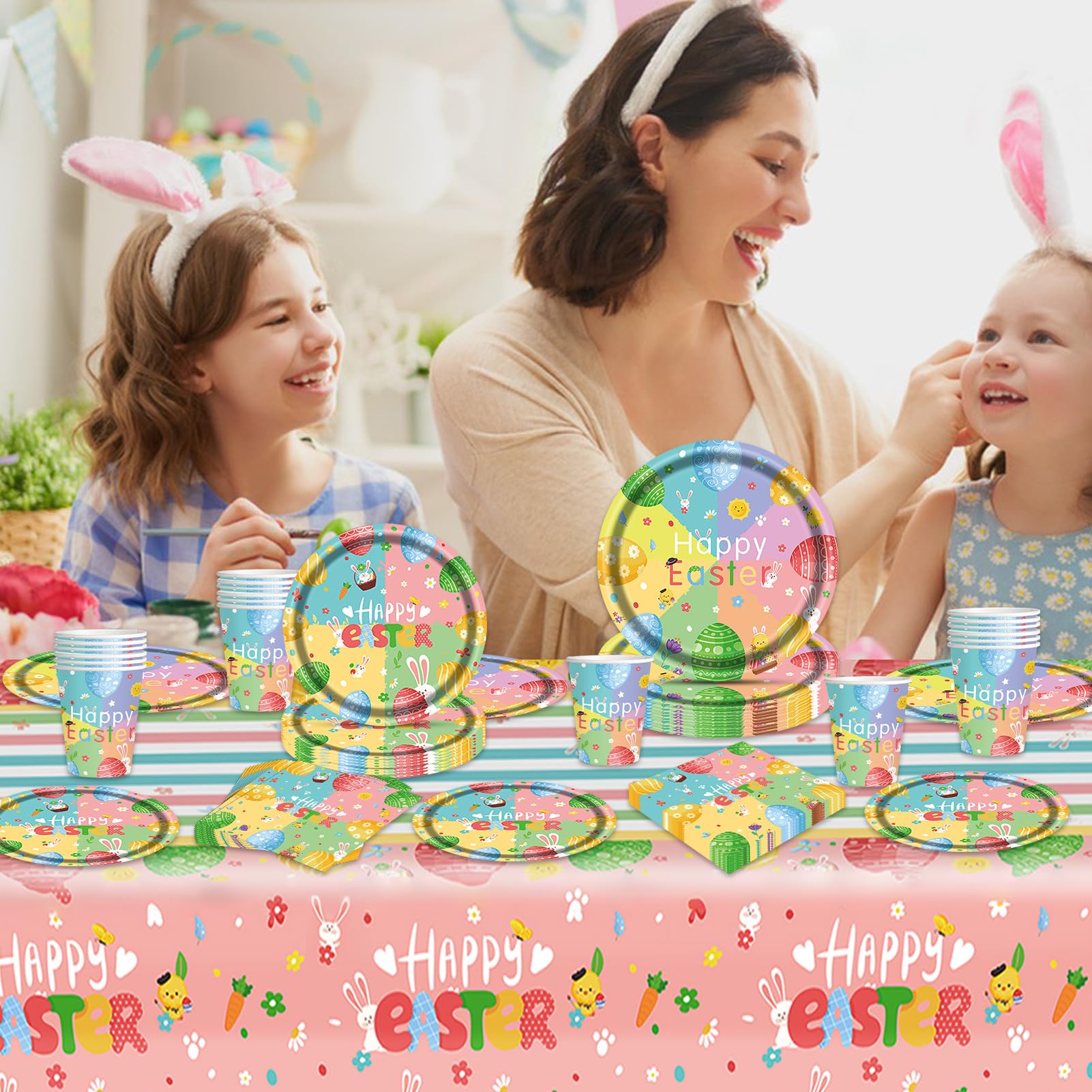 Set Stoviglie Di Carta Pasqua 51 Pezzi - Tema Coniglietto, Per 10 Persone | Tovaglia, Piatti, Bicchieri - Foto 13