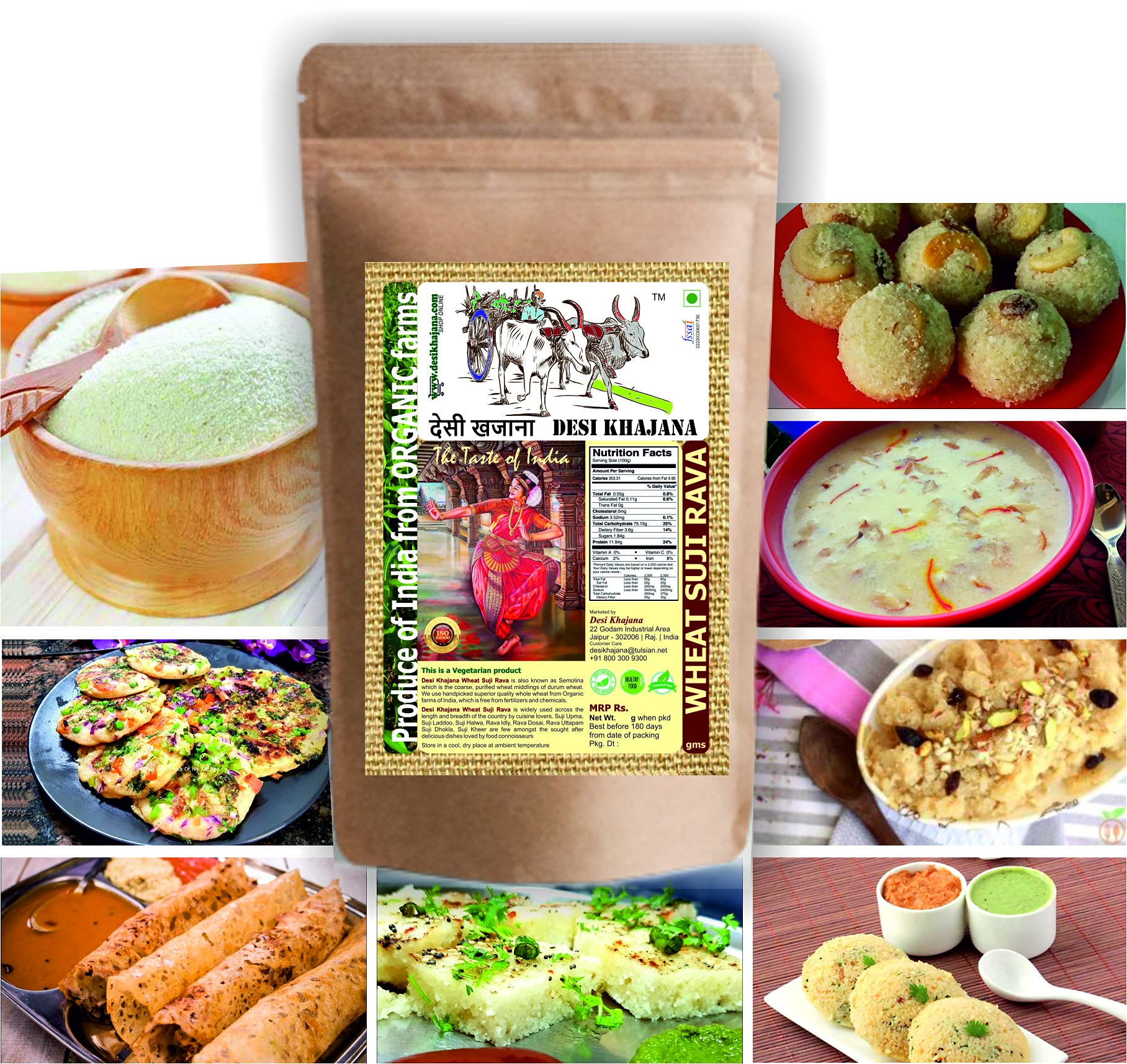 Desi Khajana Suji (Sooji) Rava from Premium Whole Wheat 900g | Durum Wheat / Semolina | Produce of India from Organic Farms