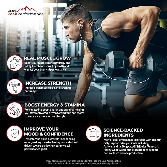 MEN'S PeakPerformance - Testosterone Booster Supplement for Men - Boost Stamina, Muscle Growth, Energy, Strength, Endurance & Drive - Ashwagandha, Tribulus, L-Arginine, Tongkat Ali- 90 Capsules