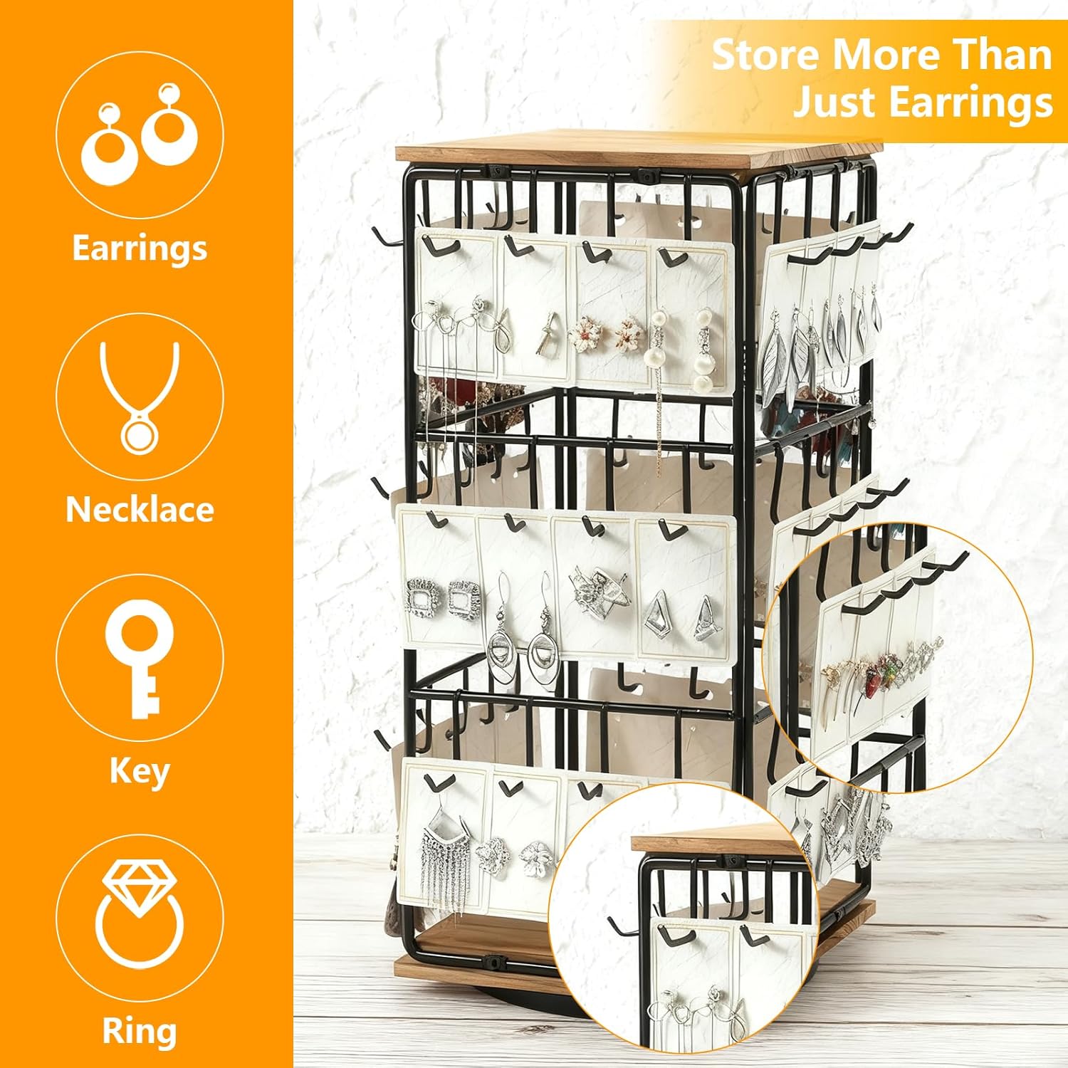 Rotating Earring Display Holder Stand for Vendors Events Selling, Large Capacity 48 Hooks Jewelry Rack with Wooden Base for Earring Card Sales, Enhances Retail Visibility