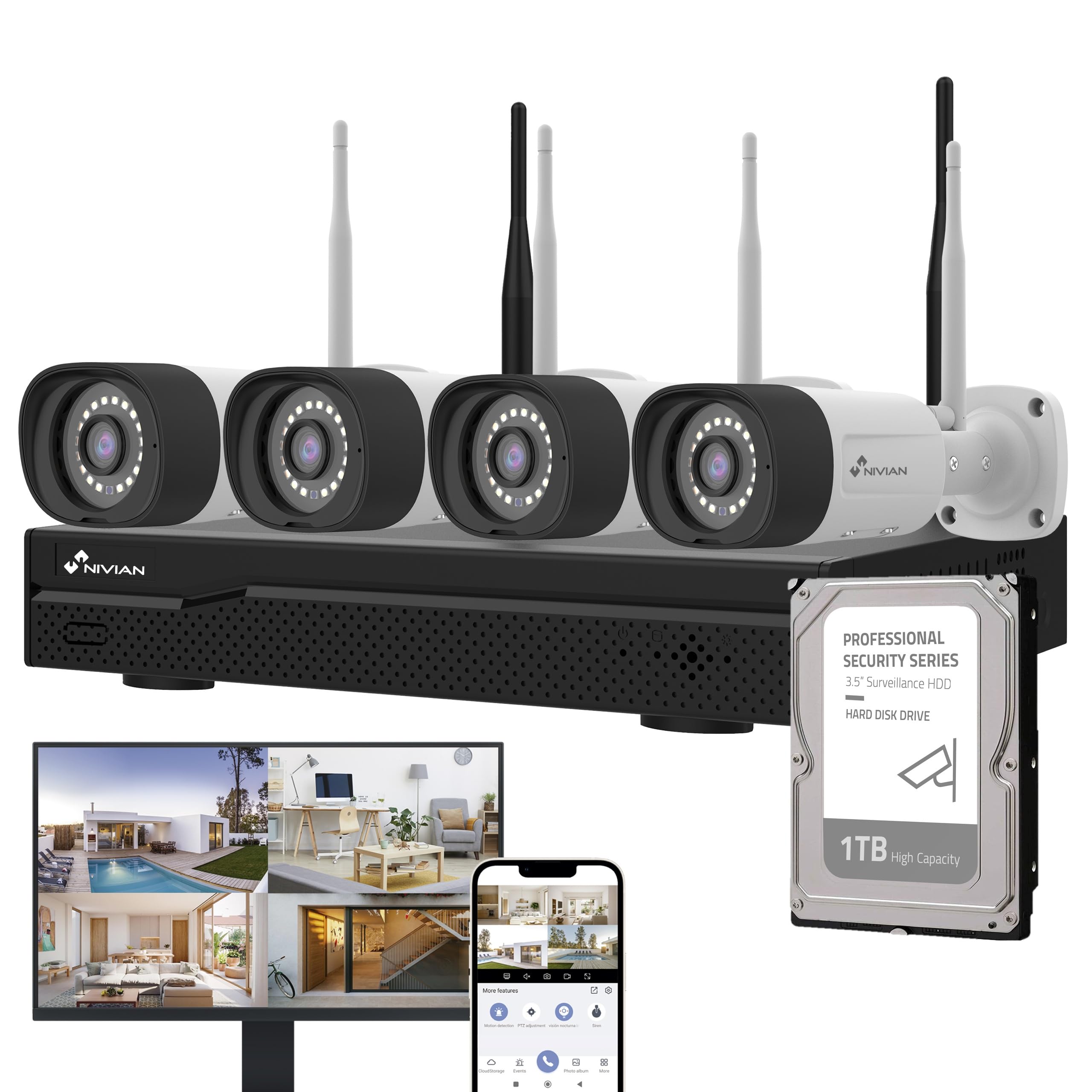 NIVIAN Kit Camaras de Vigilancia Profesional WiFi SuperHD con 4 Cámaras IP y Grabador con Disco Duro 10CH - para Casas y Negocios - Visión Nocturna, Detección Humana IA, Audio Bidireccional