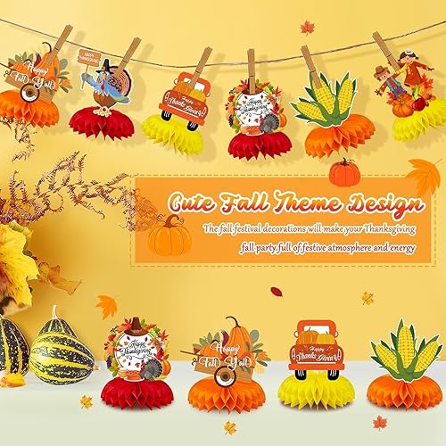Miniatura 7 de JULMELON Decoraciones de fiesta de otoño, 8 piezas de decoración de mesa de Acción de Gracias, centros de mesa de panal 3D de doble cara,