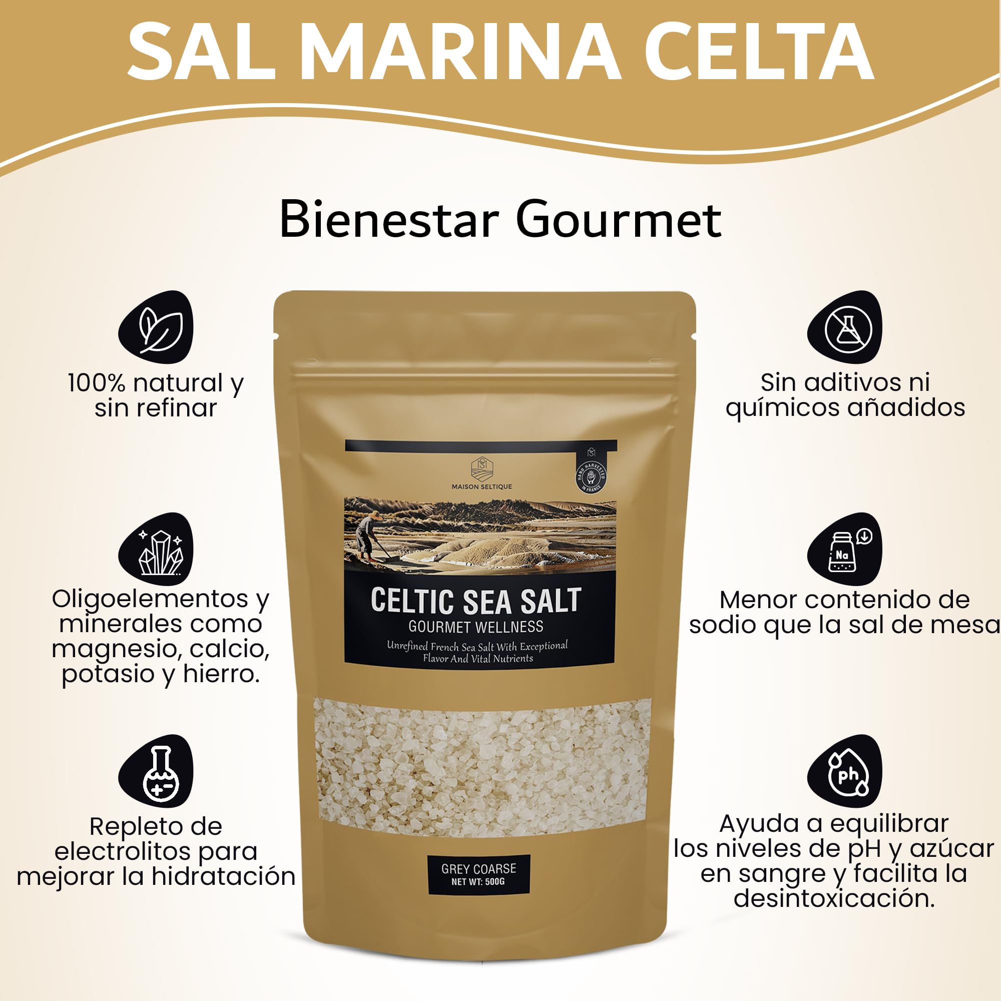 Maison Seltique Celtic Sea Salt, 100% Natural, Sal Celta Cosechada a mano, Artesanal - Pura y Sin Refinar | Sal Marina sin aditivos| Bolsa Resellable | Ideal para Cocina Gourmet y Saludable (500gr)