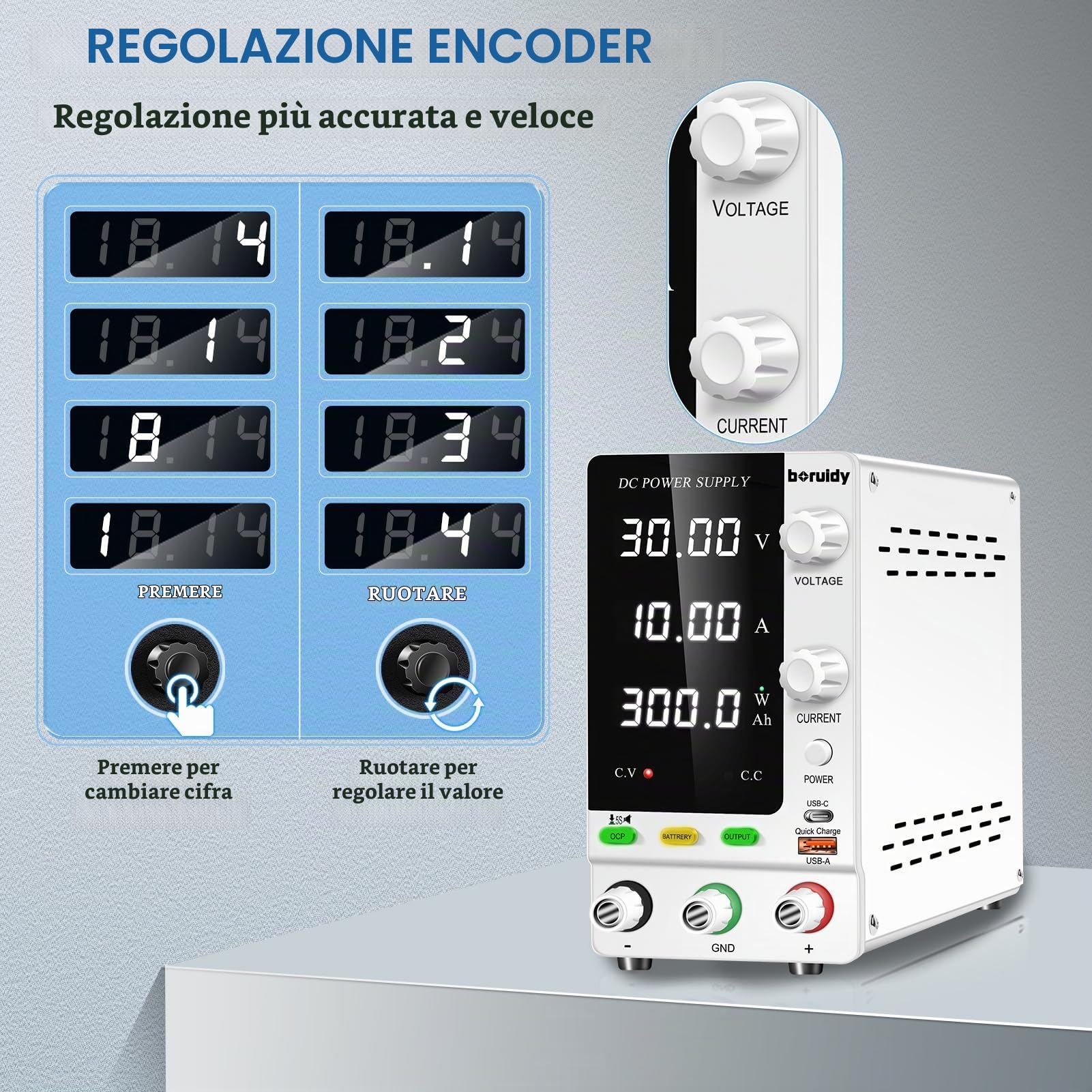 Alimentatore da Labotorio 30V 10A Encoder Alimentatore DC Regolabile 1V~24V Batterie Caricabatterie con 18W USB-A/C Carica Rapida Porto/Output Pulsanti Alimentatore Banco Stabilizzato