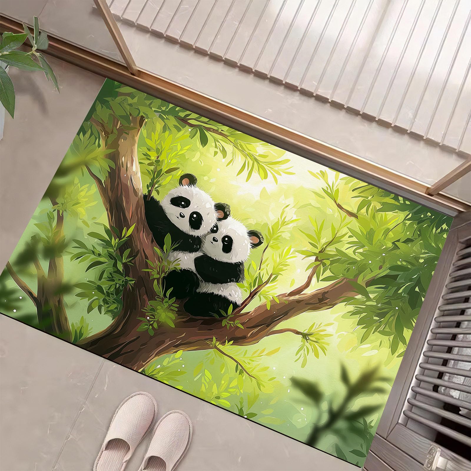 Waschbar Fußmatte Panda Aus Astbaum - 80x120cm -Willkommen Fussmatte Wald-Cartoon-Tiere rutschfeste Fußmatte für den Eingang für Hauseingänge, Flure, Außentüren