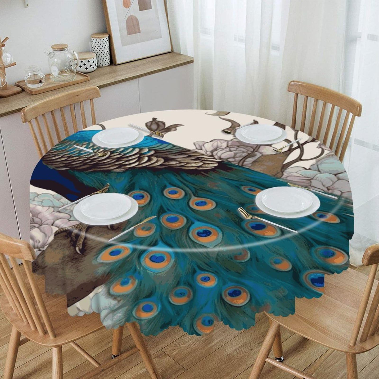 FekiLoot 60 Inch Round Peacock Floral Tablecloth Waterproof Heavy Duty Polyester Table Cloth Spill-Proof Wipeable Table Cover Decorative Circle Dining Tablecover for Party Outdoor