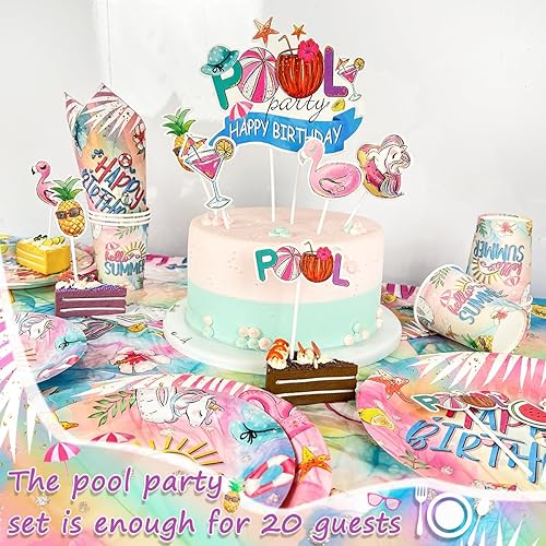 Miniatura 5 de Decoraciones de fiesta de cumpleaños de piscina de verano, platos de cumpleaños temáticos de verano, servilleta, pancarta, tazas, globos y