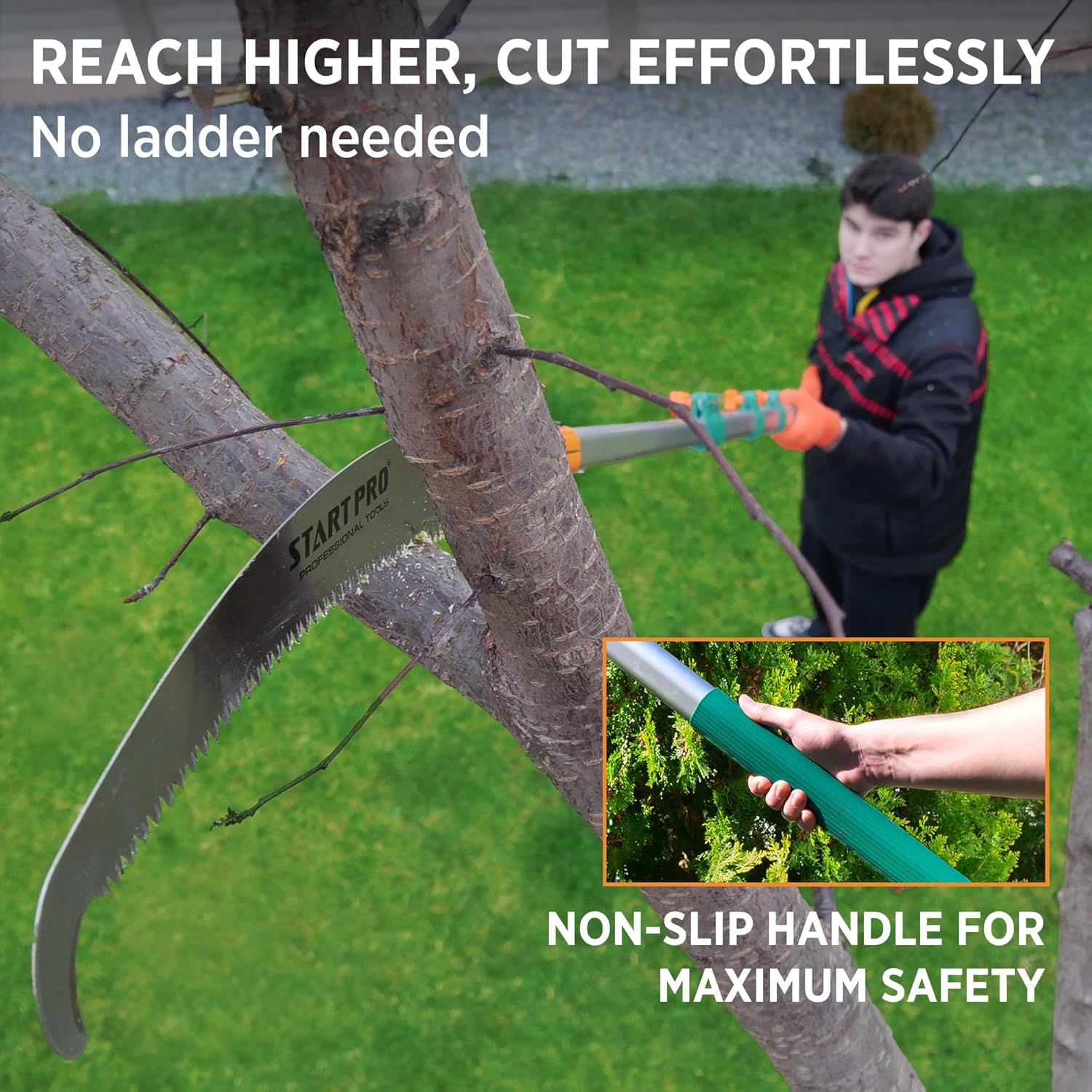 StartPro 23ft Reach Tree Pruning Saw, Telescopic Manual Lightweight Extendable 18ft Pole Saw with Sharp Carbon-Enriched Blade for Efficient Tree Maintenance and High-Reach Branch Cutting.