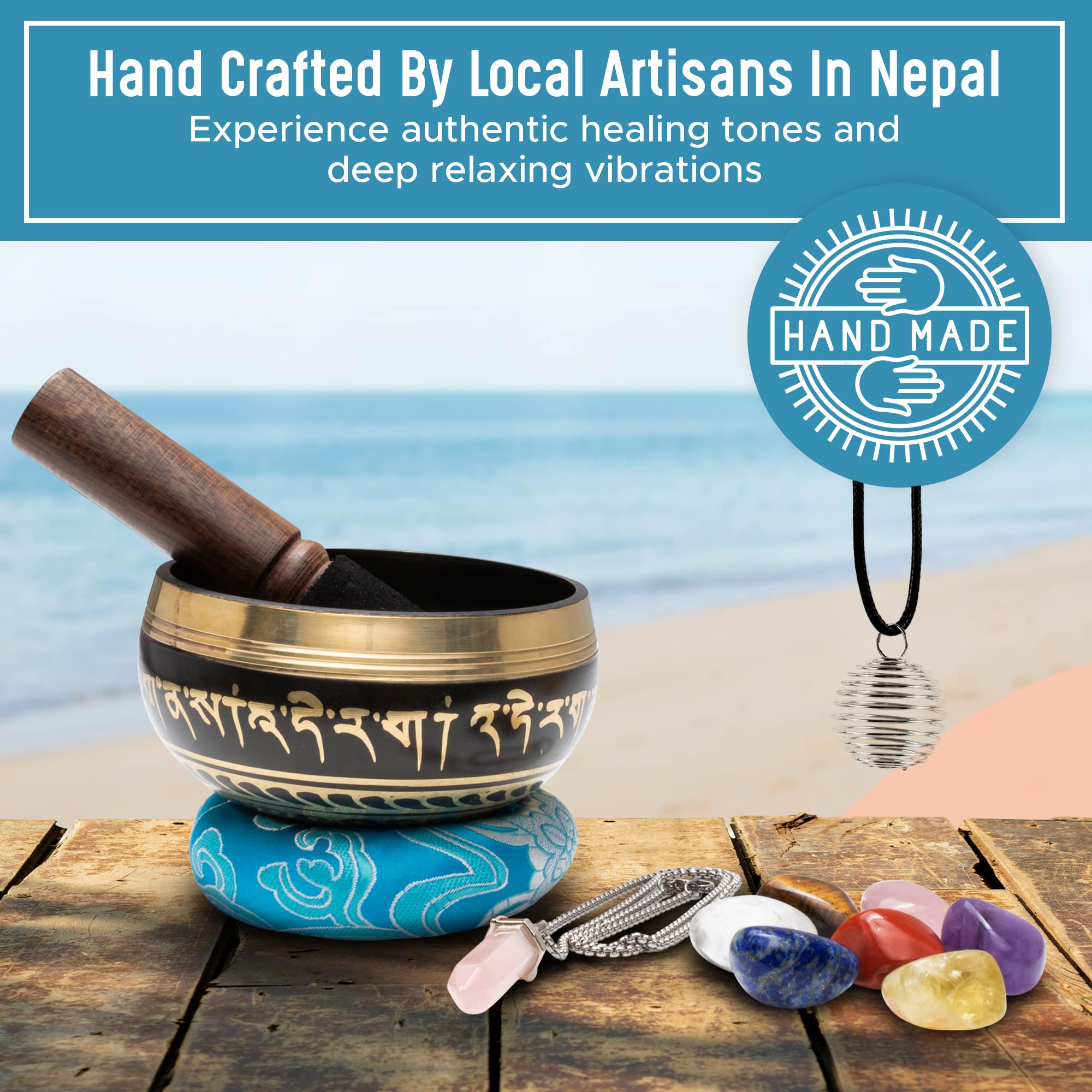 チベットのシンギングボウルセット-ローズクォーツの振り子ネックレスと7つのチャクラヒーリングクリスタルストーン-瞑想、マインドフルネス、ヨガ、スピリ ネパールのチベットシンギングボウルセット。仏教サウンドボウルは