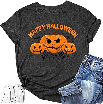Women's Halloween Shirt:Pumpkin Art Patterns Crewneck Short Sleeve Halloween Party T-Shirt