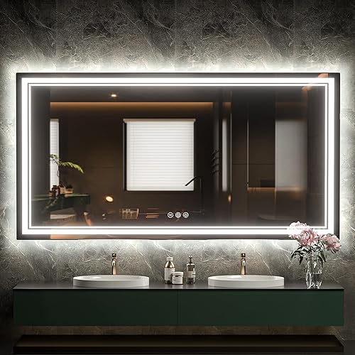 TokeShimi Espejo LED de baño de 72 x 36 pulgadas, espejo retroiluminado frontal con doble tira de luz, 3 colores CRI 90+ función de memoria antivaho
