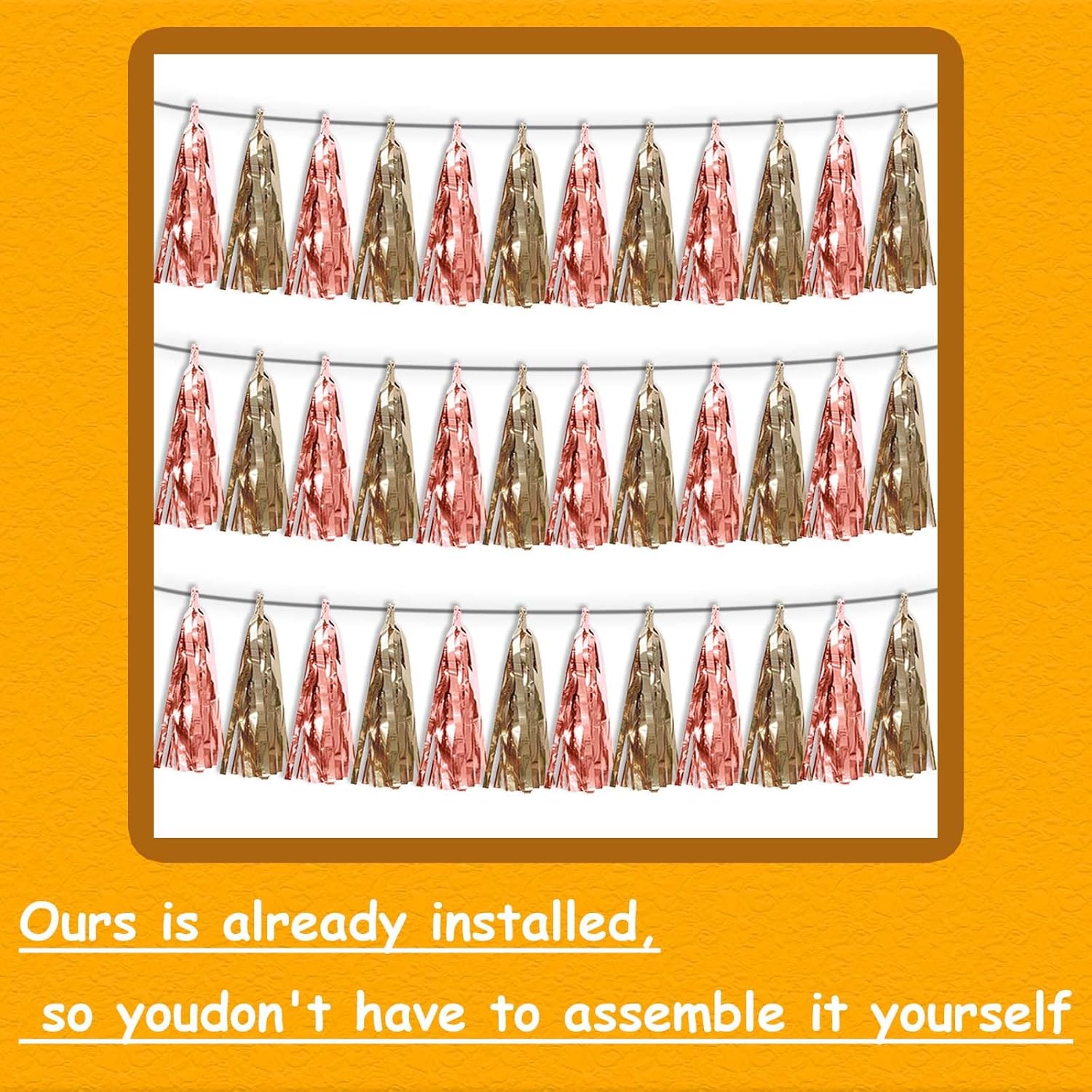 3P Rose Champagne Gold Tassel Banner Garland Metallic Foil Fringe Banner Tinsel Tassels Streamer Banner Backdrop for Parade Floats, Graduation Decorations, Wedding Party Decoration - Image 3