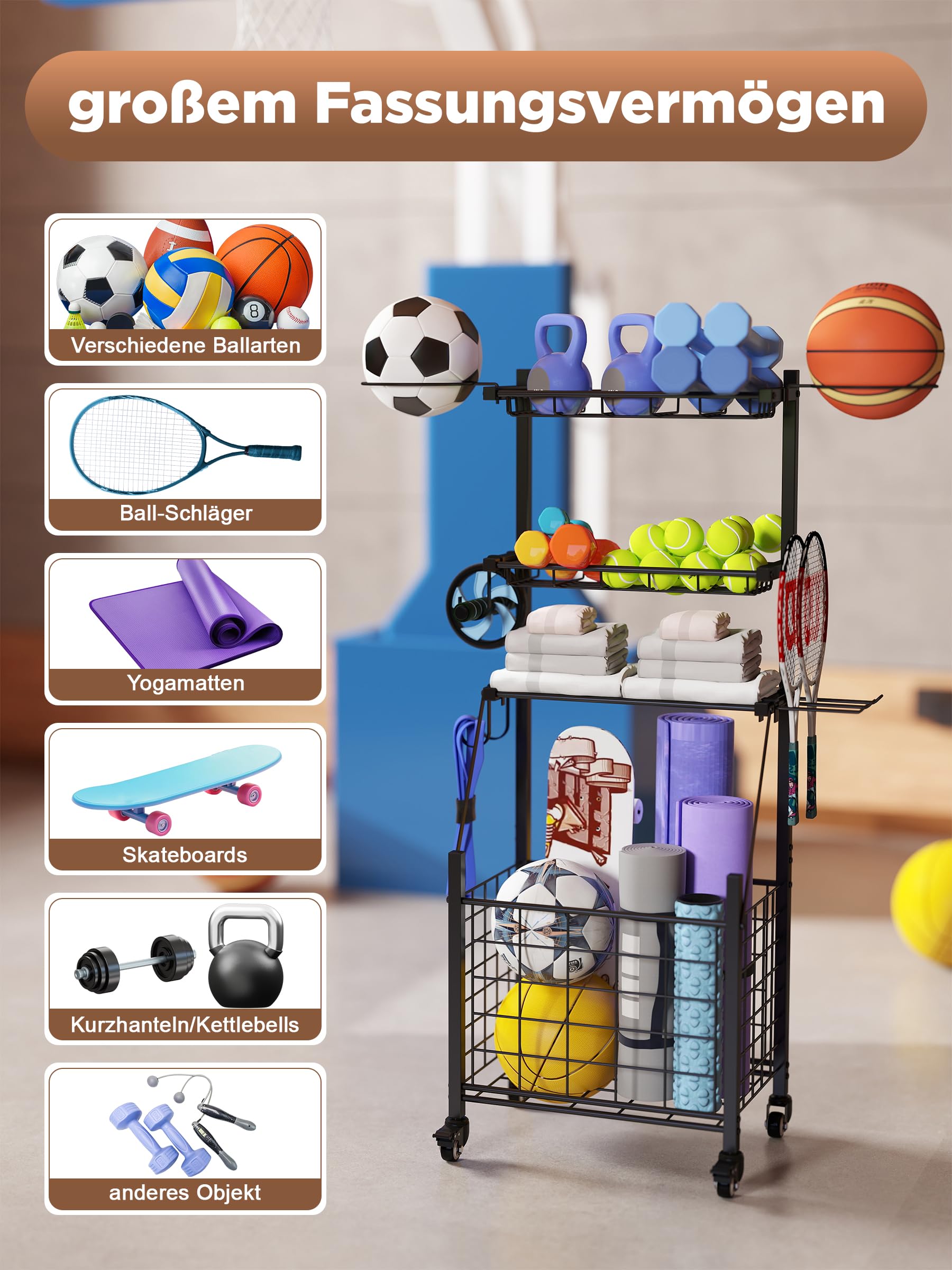Nisorpa Garage Organizer Für Sportgeräte, Beweglich Basketball Aufbewahrungsregal, Ballständer mit Haken
