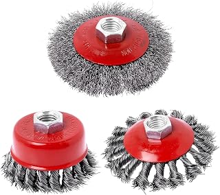Wire Wheel Brush Set of 3, 4Inch & 3Inch Knotted Twisted Cup Brush, Heavy Duty Abrasive Cup Brush with 5/8 Inch-11 Threaded Arbor - 0.020 Inch Carbon Steel - for Angle Grinder, Rust Cleaning