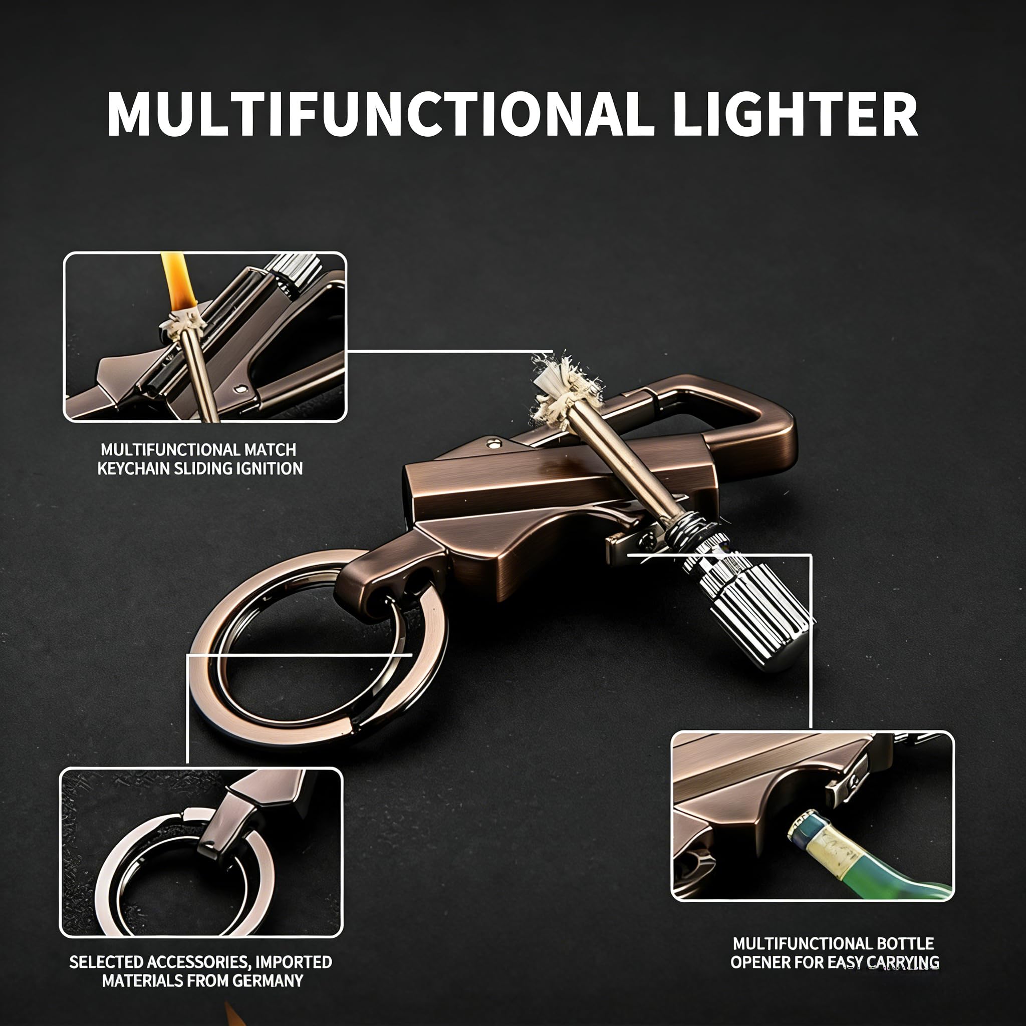 Briquet permanent avec porte-clés multifonction et décapsuleur, allumette d'urgence EDC étanche pour camping et utilisation en extérieur