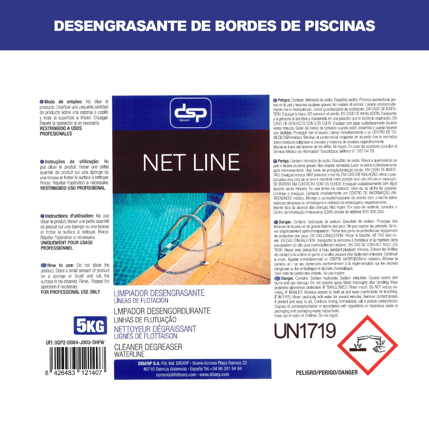 Limpiador DESENGRASANTE LÍNEAS DE FLOTACIÓN Piscinas NETLINE Potente Limpiador alcalino Especial para líneas de flotación de Piscinas. Elimina eficazmente cremas y Manchas metálicas - Formato 5L