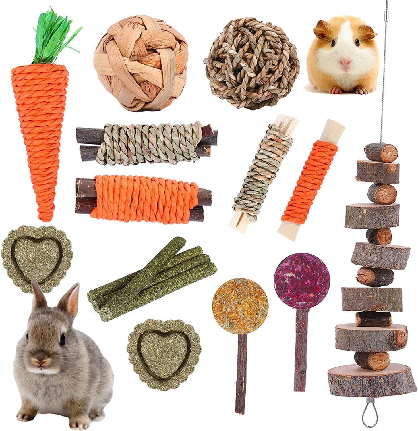 SASONCORabbit Chew Toys 16PCS Bunny Toys for Rabbits Guinea Pig Toys Natural Timothy Hay Sticks Chinchilla Toys for Teeth Handmade Bunny Treats Gift Apple Wood Sticks Hamster Rat Gerbil Teeth Care