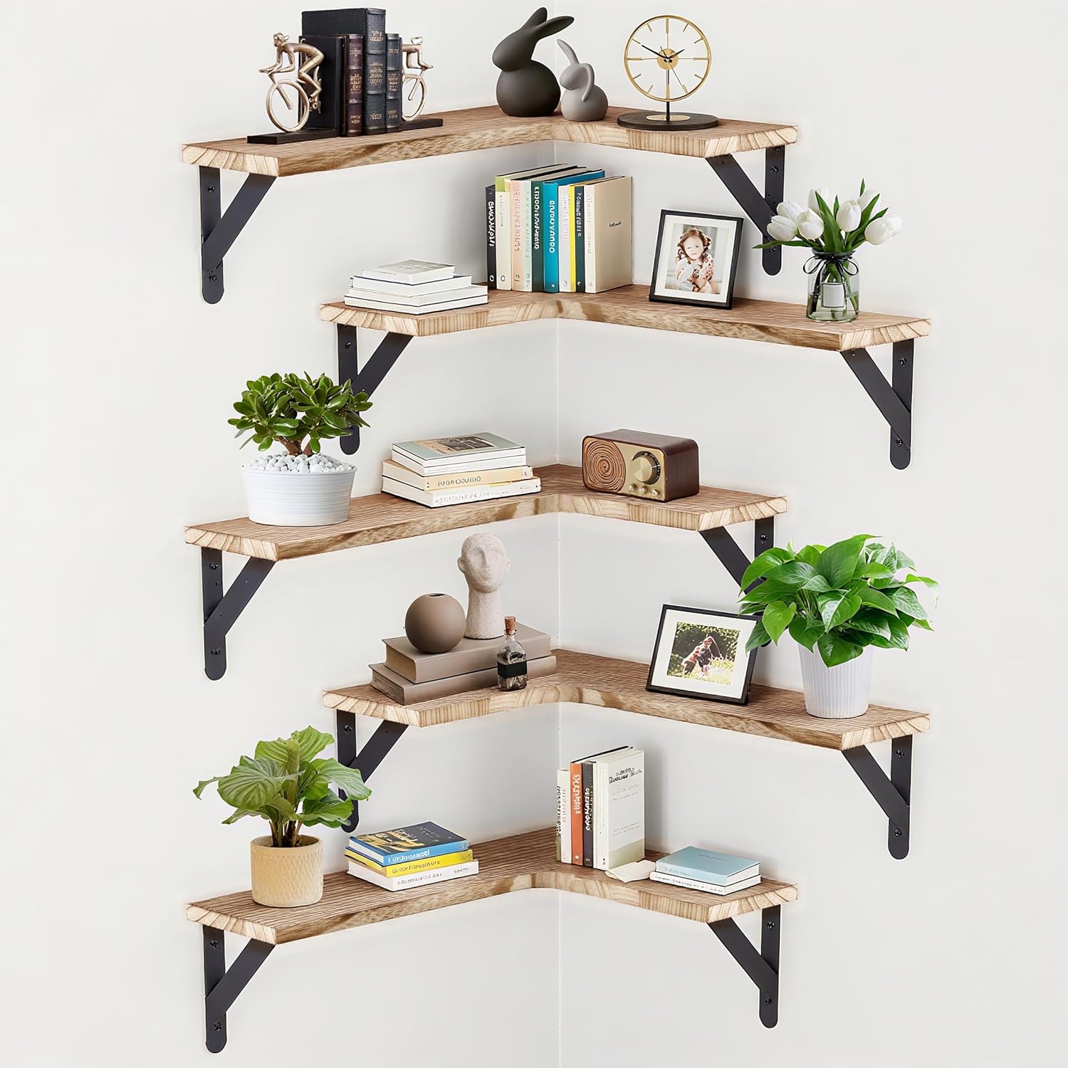 Corner Floating Shelves Set of 5, Wall Mounted Wood Shelves for Home Decor, Rustic Wood Wall Storage Corner Shelf for Kitchen Bedroom Bathroom Living Room Office, Light Brown