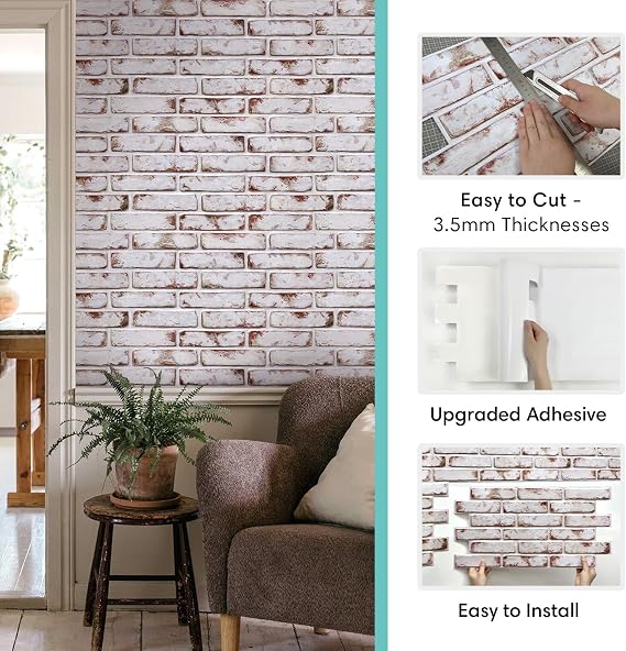 Commomy Faux Brick 3D Wall Panels - Not Real Brick 12 pcs of 22.8 x 11.8 Thin UrltraLight PVC Peel and Stick Tile Whitewash & Red Brick Textured for Kitchen,Bedroom, Living Room(Covers 22.48 sq.ft)