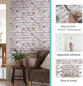 Commomy Faux Brick 3D Wall Panels - Not Real Brick 12 pcs of 22.8 x 11.8 Thin UrltraLight PVC Peel and Stick Tile Whitewash & Red Brick Textured for Kitchen,Bedroom, Living Room(Covers 22.48 sq.ft)