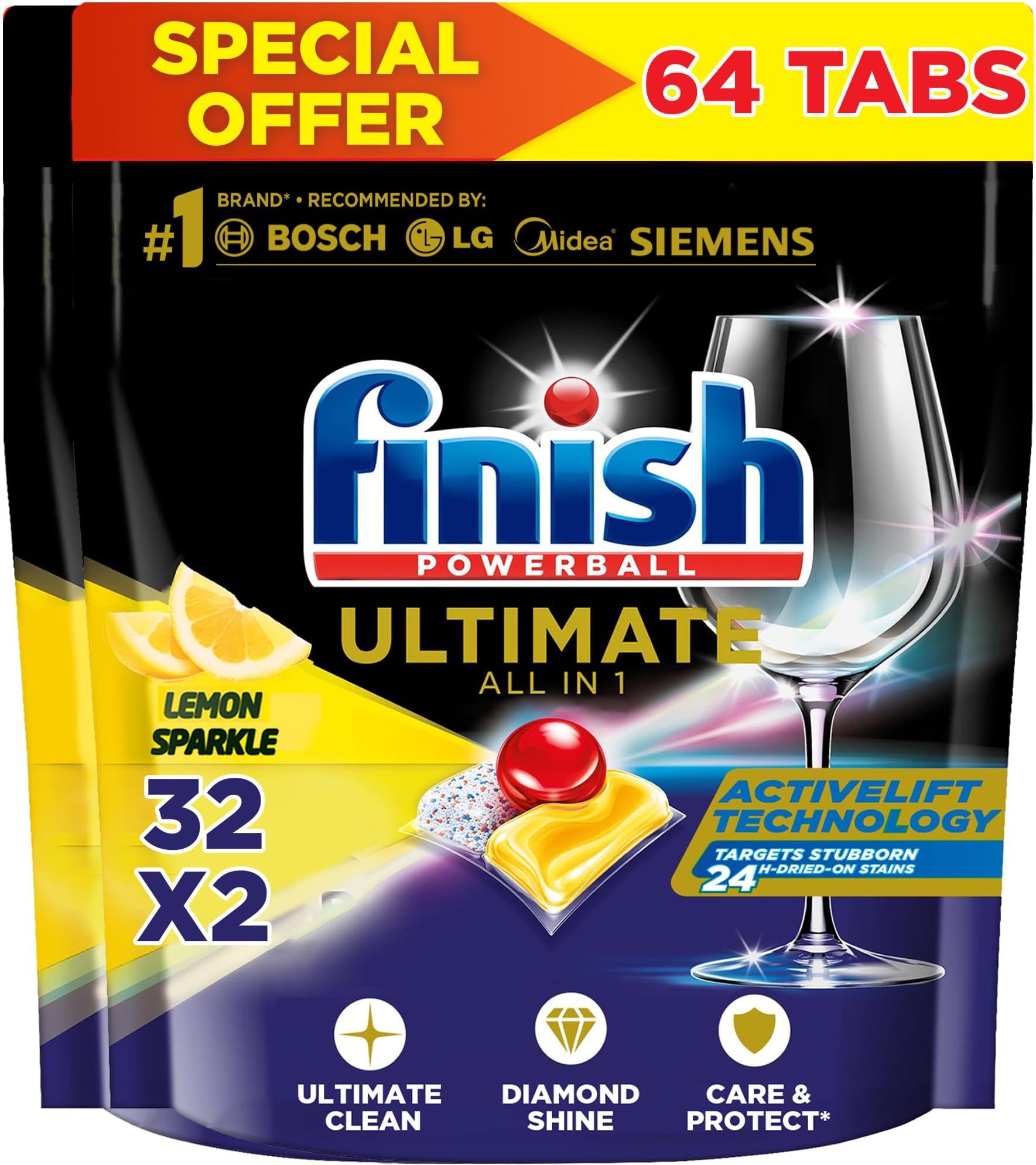 – Powerball Ultimate All in One Dishwasher Detergent, Lemon Sparkle Scent, 32 Tabs x 2