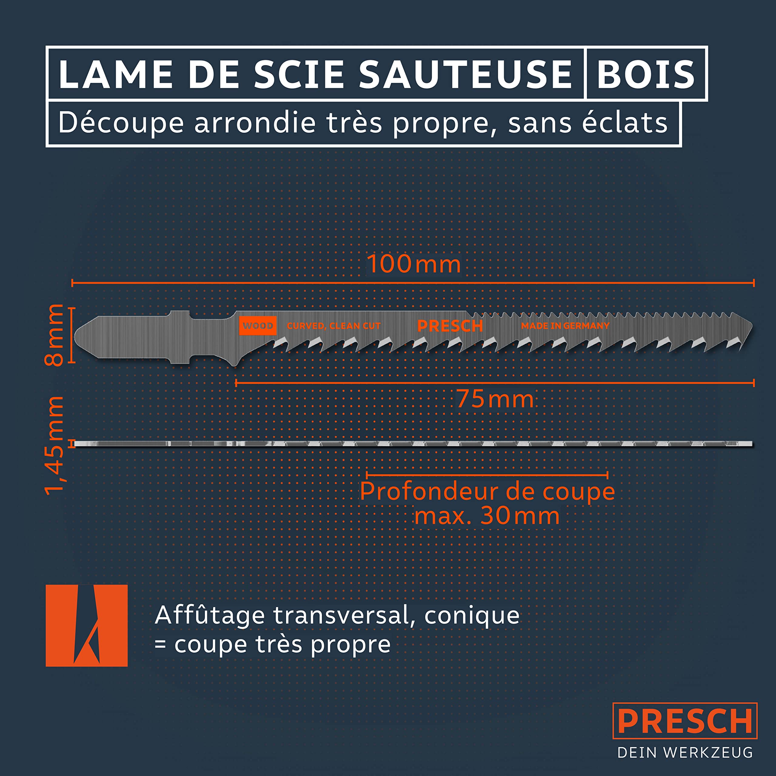 Presch Lames de scie sauteuse Bois 10 pièces - Découpes arrondies très nettes (4-30 mm) - Lames haute longévité à emmanchement en T pour toutes les scies sauteuses - Lame scie sauteuse bois