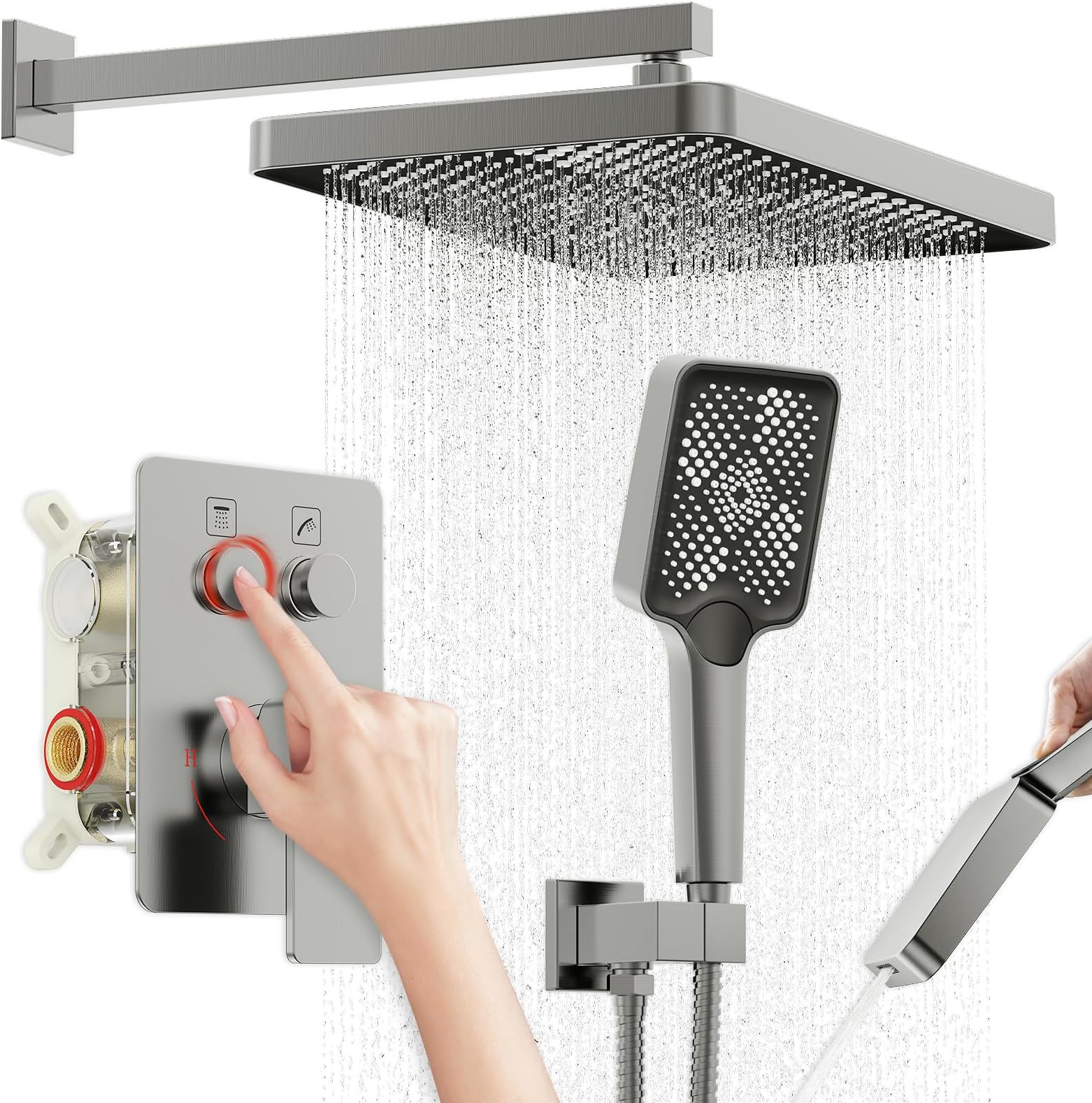 Iriber Gunmetal Grey Shower System Push Button Wall Mount with Rain Shower Head and 4-Setting Handheld Bathroom Shower Set Contain Shower Faucet Mixer Valve Trim Kit (Valve Included)