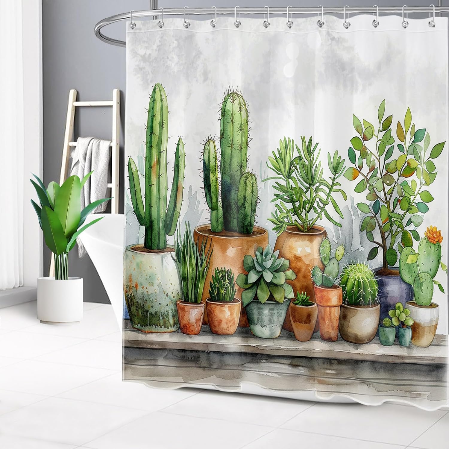 HVEST Tropical Cactus Bathroom Sets with Shower Curtain and Rugs,Sage Green Potted Succulent Plant on Rustic Wood Shower Curtains for Bathroom,Summer Nature Botanical Shower Curtain,70L X 70W inches