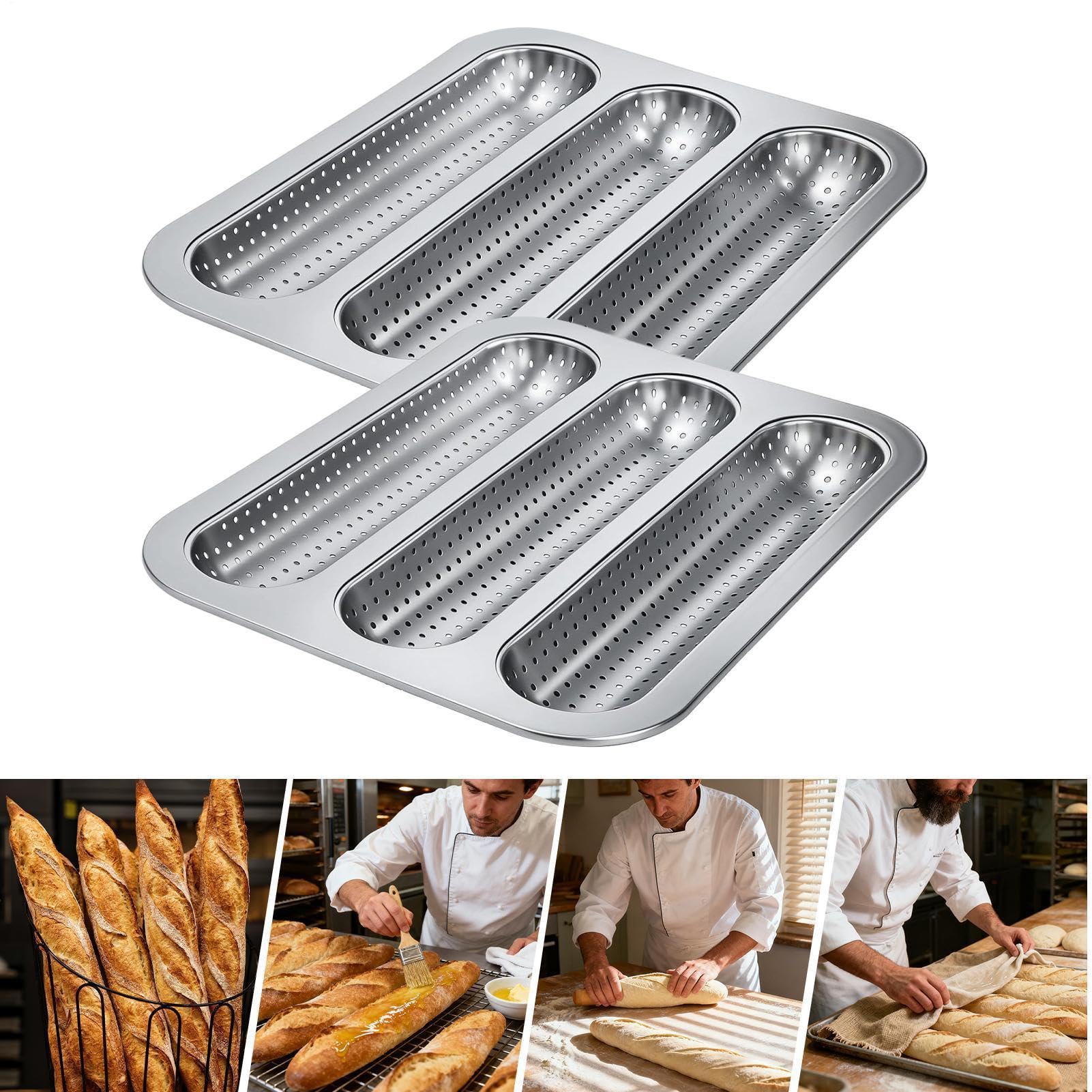 Molde para Baguette Bandeja Para Horno Perforada Antiadherente Con 3 | 2 Moldes De Pan Francés Para Cocinar A Diario Y Preparar Comidas Al Aire Libre Y En El Hogar