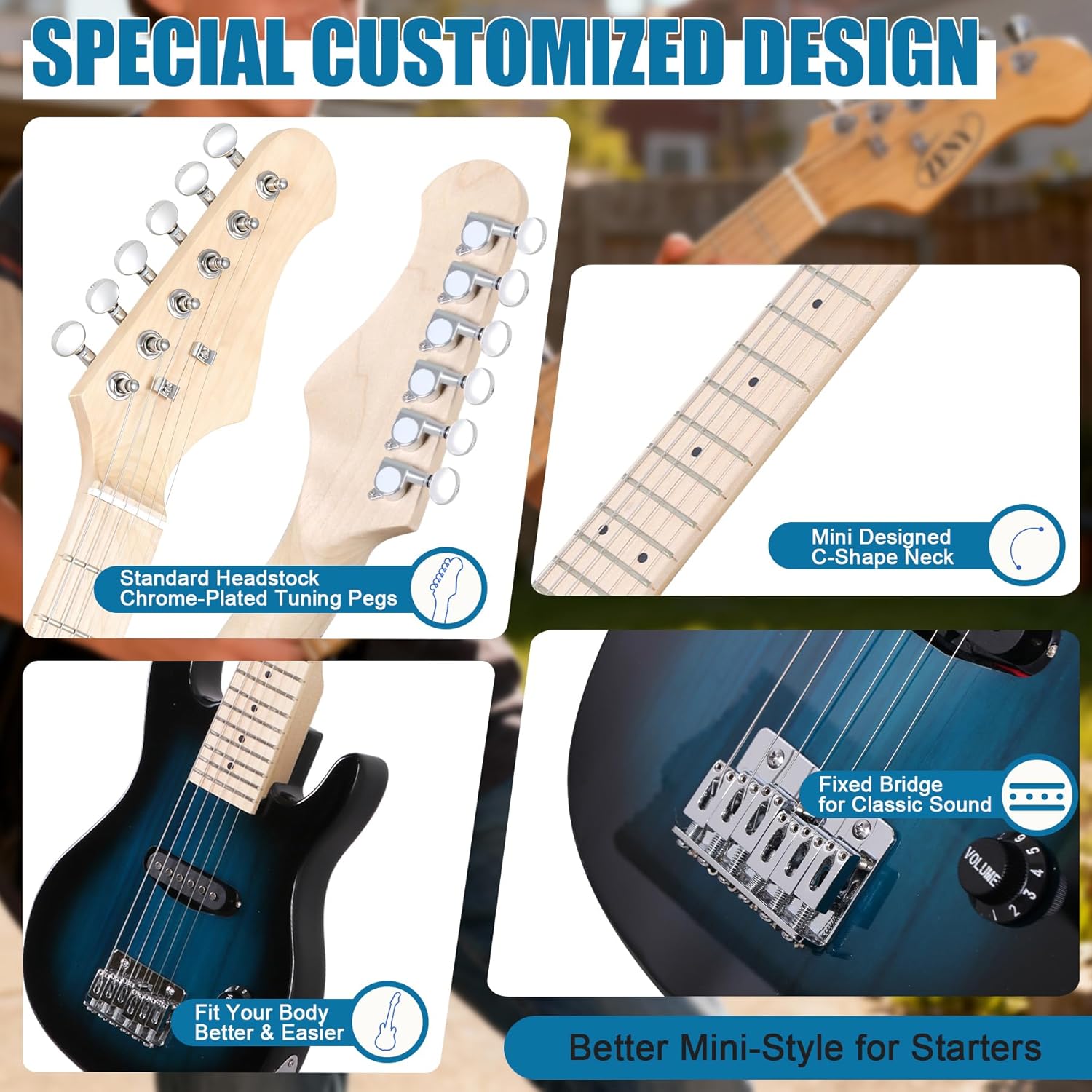 30" Electric Guitar Beginner Kits, Beginner Electric Guitar with 5W Amp and Accessories Pack Guitar Bag for Beginners, Blue