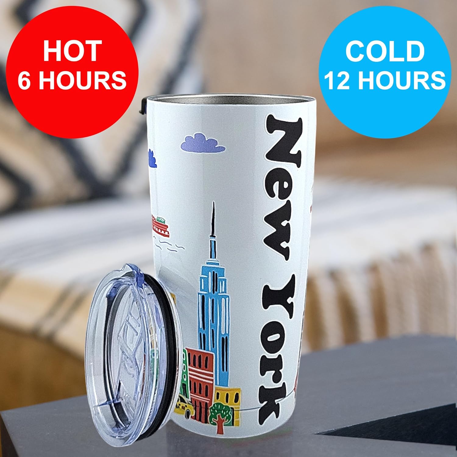 City Themed Artwork Tumbler Collection - Designed in the USA - 20oz Vacuum Insulated Tumbler with Lids - Stainless Steel Coffee Travel Mug with, Cup for Hot Cold Drinks (New York) - Image 6