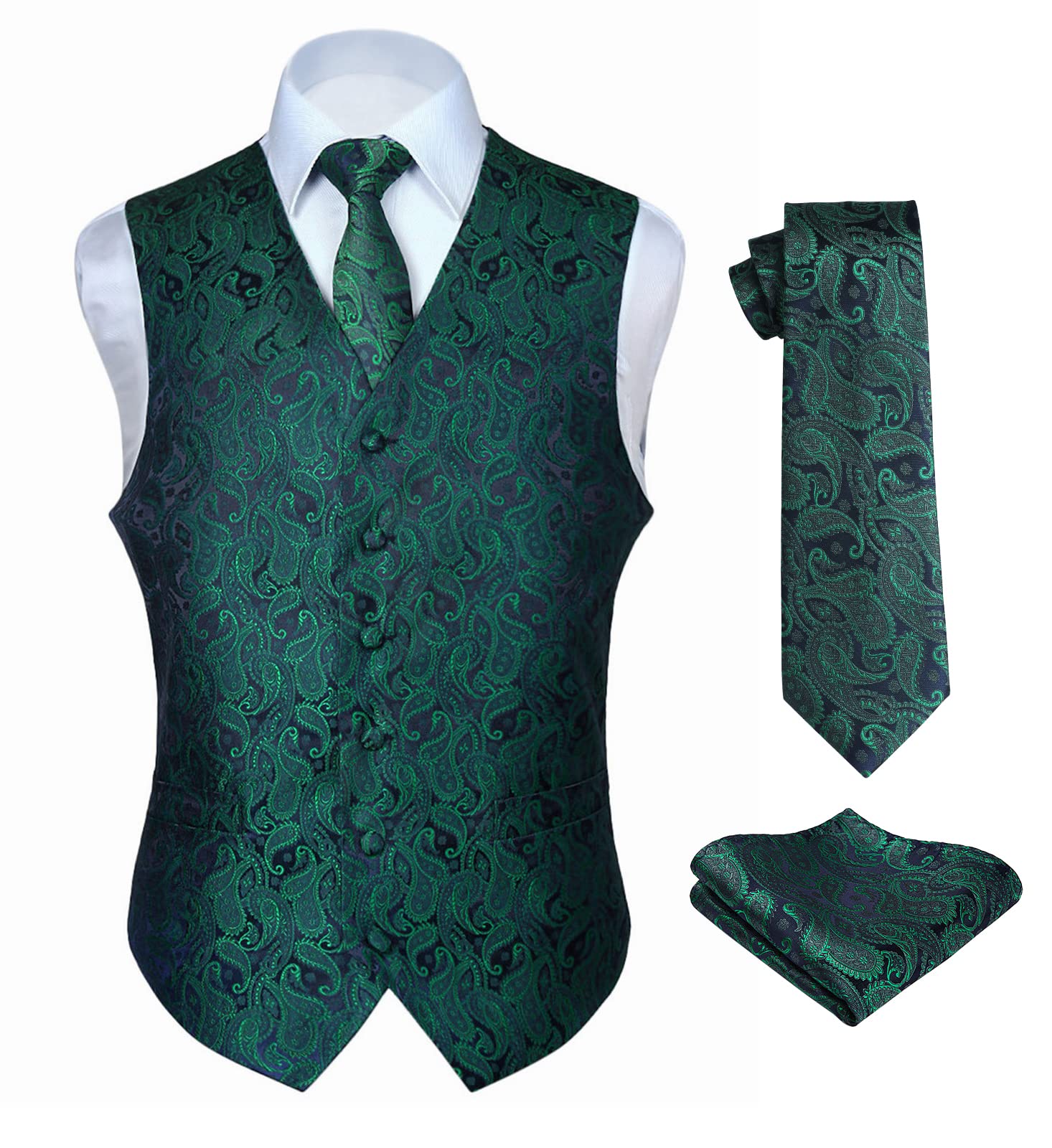Men's Paisley Floral Jacquard Waistcoat & Neck Tie and Pocket Square Vest Suit Set-image-22