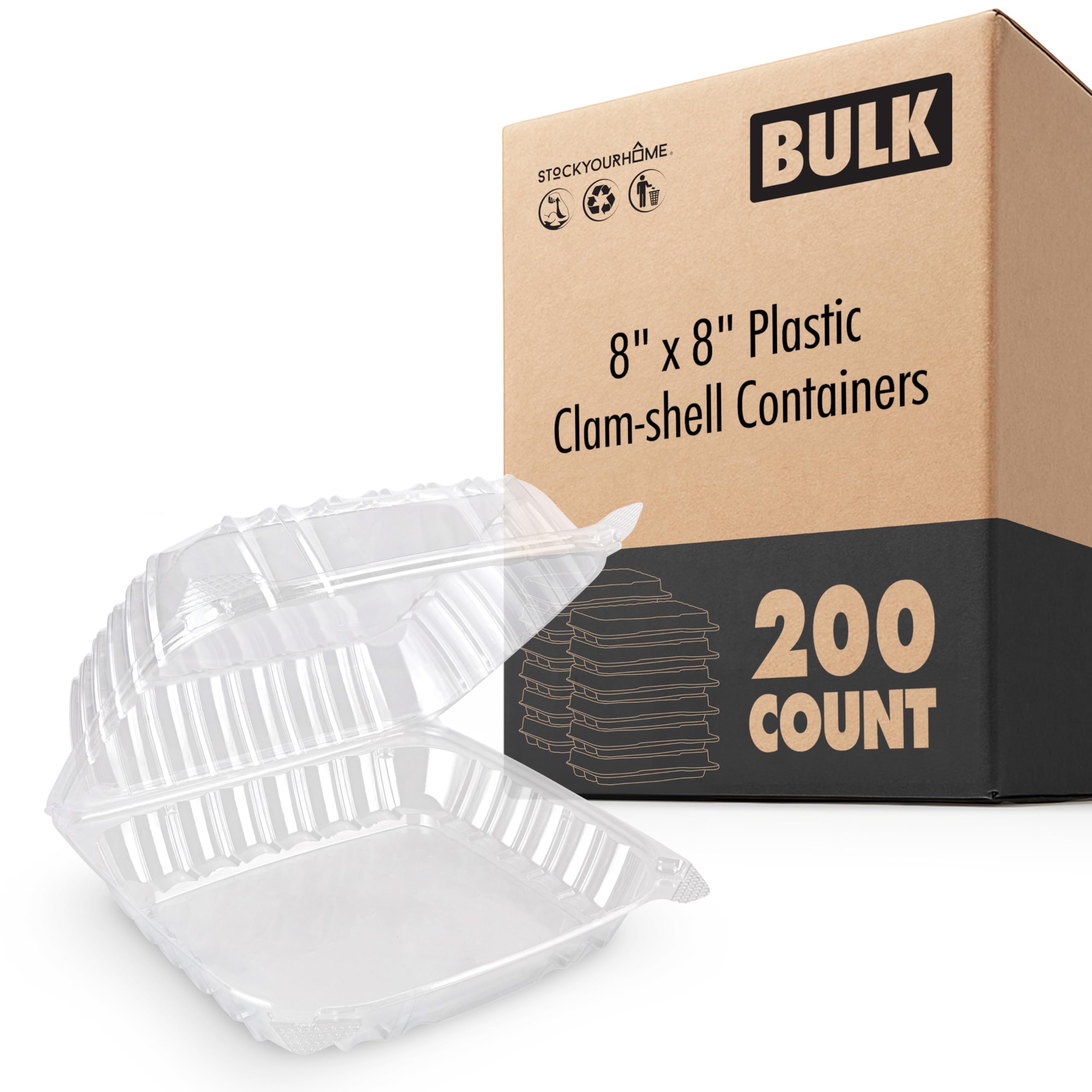 Stock Your Home Plastic 8 x 8 Inch Clamshell Takeout Tray (200 Count) – Disposable Hinged Containers for Dessert, Salads, Pasta, Sandwiches & More